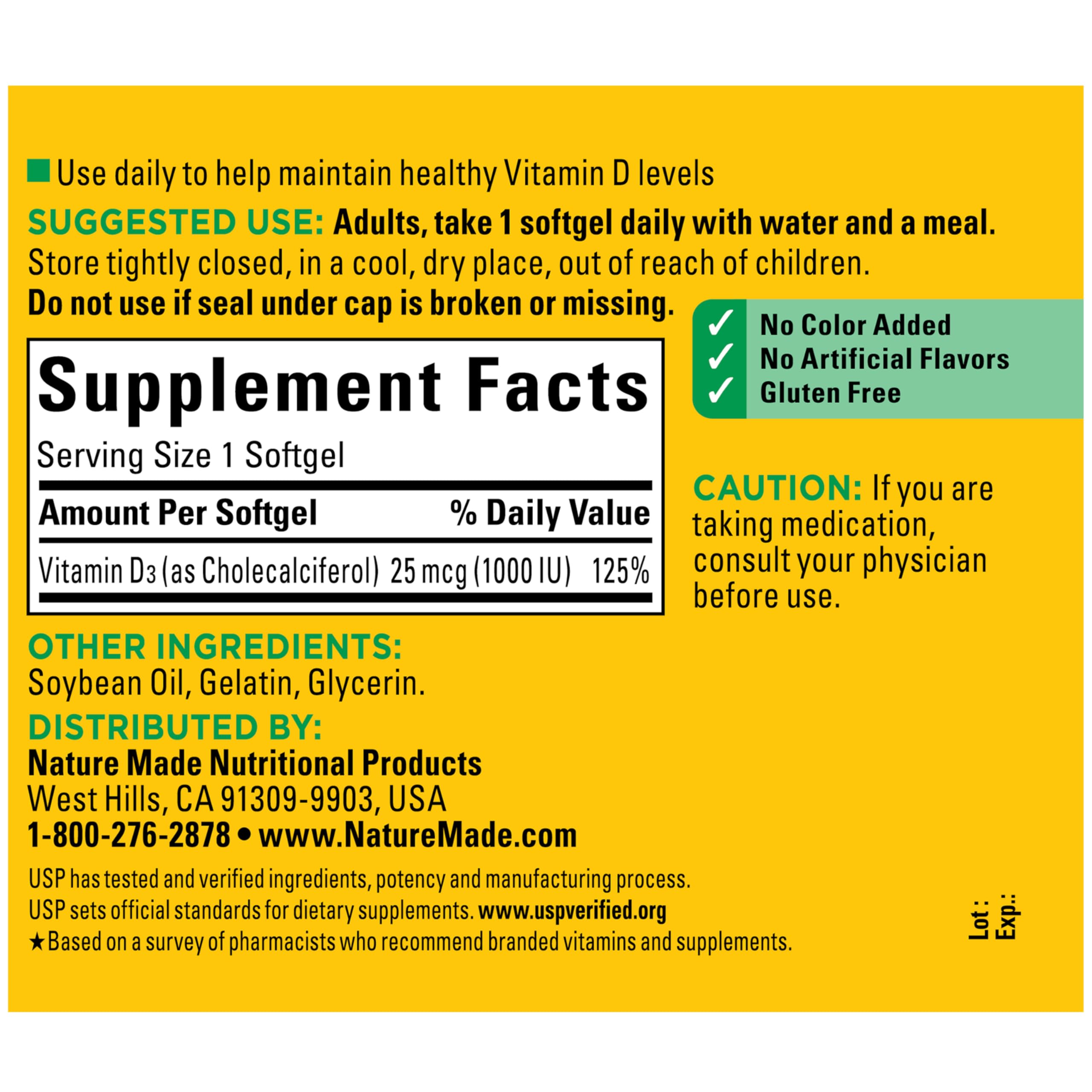 Nature Made Vitamina D3 1000 UI: compatible con dietas sin gluten