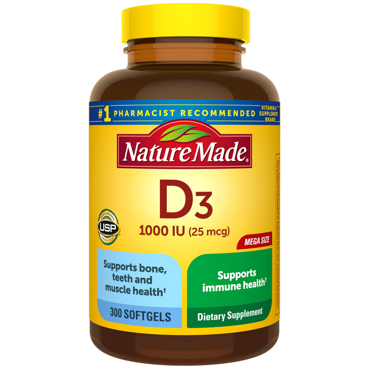 Nature Made Vitamina D3 1000 UI: botella de cápsulas blandas para apoyo a la salud diaria.