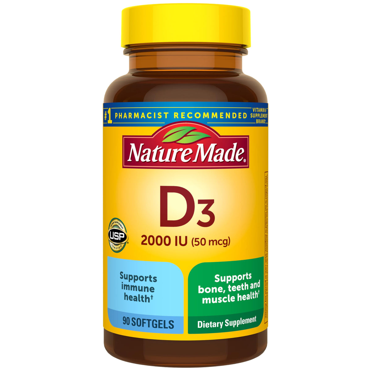 Nature Made Vitamina D3 2000 UI en botella para huesos y dientes sanos.