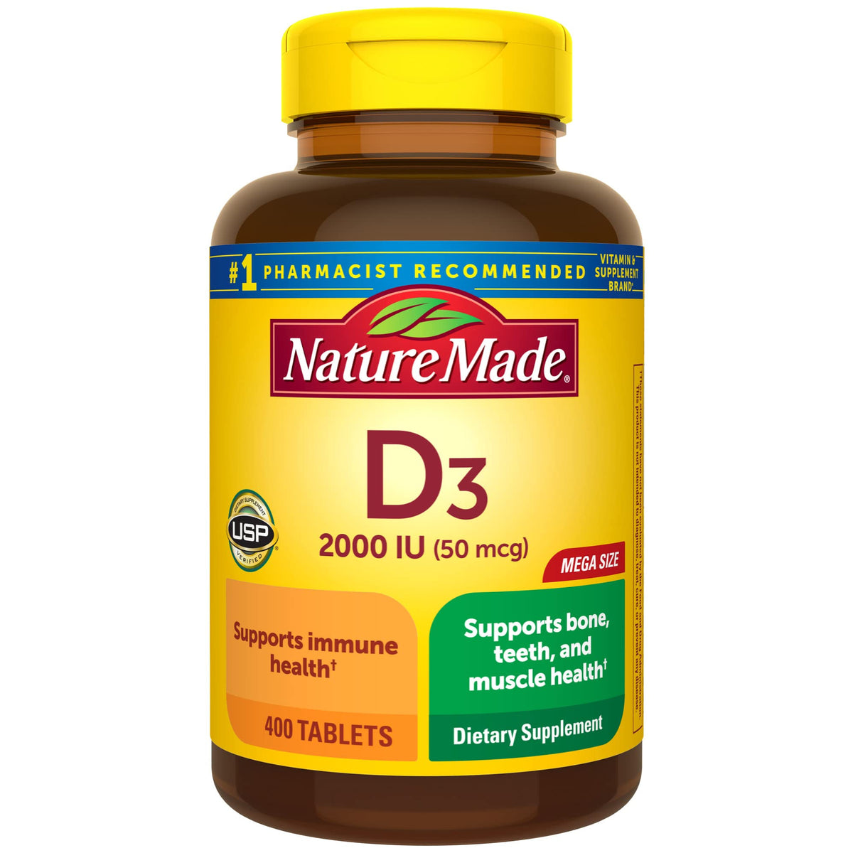 Nature Made Vitamina D3 2000 IU, botella de tabletas para uso diario y apoyo óseo.