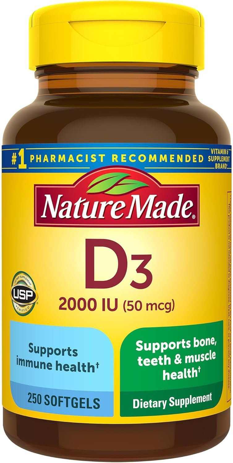 Nature Made Vitamina D3 2000 UI, frasco con capsulas blandas para uso diario.