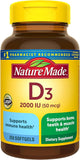 Nature Made Vitamina D3 2000 UI, frasco con capsulas blandas para uso diario.