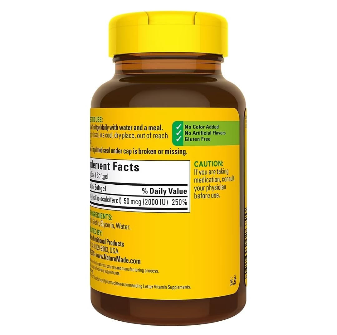Nature Made Vitamina D3 2000IU 320 cápsulas blandas, cápsulas fáciles de tragar.