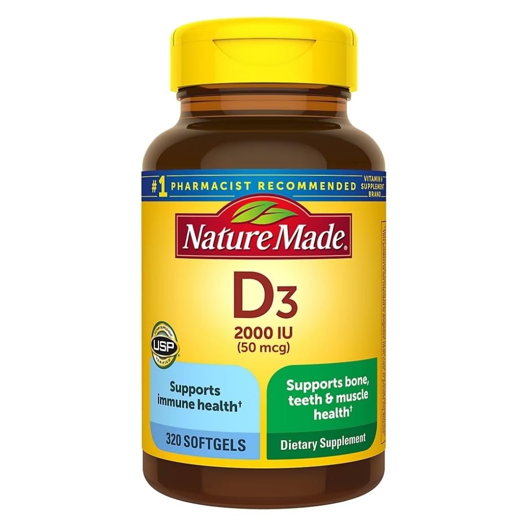 Nature Made Vitamina D3 2000IU 320 cápsulas blandas, empaque frontal, para apoyar la salud inmunitaria.