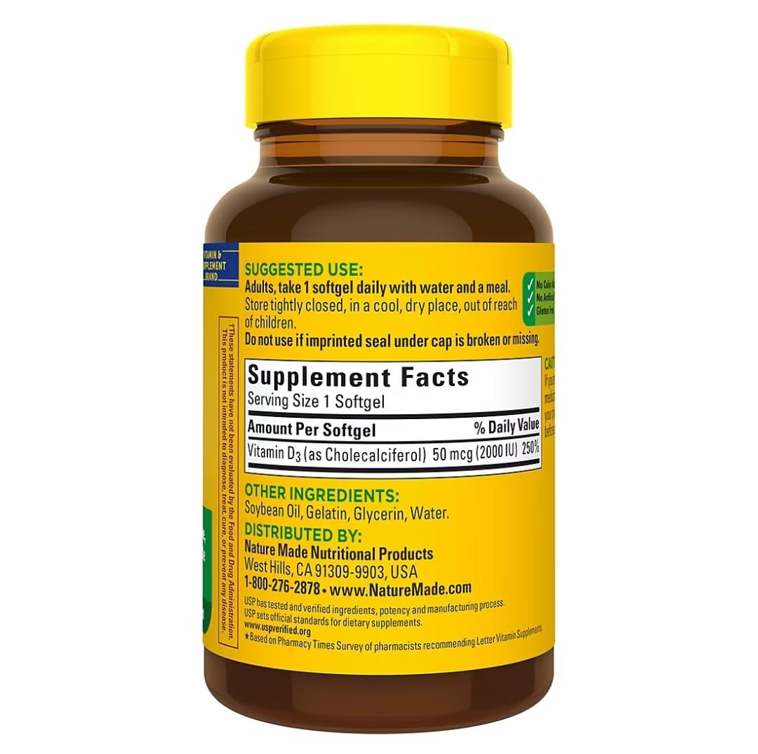 Nature Made Vitamina D3 2000IU, etiqueta nutricional con alto contenido para huesos.