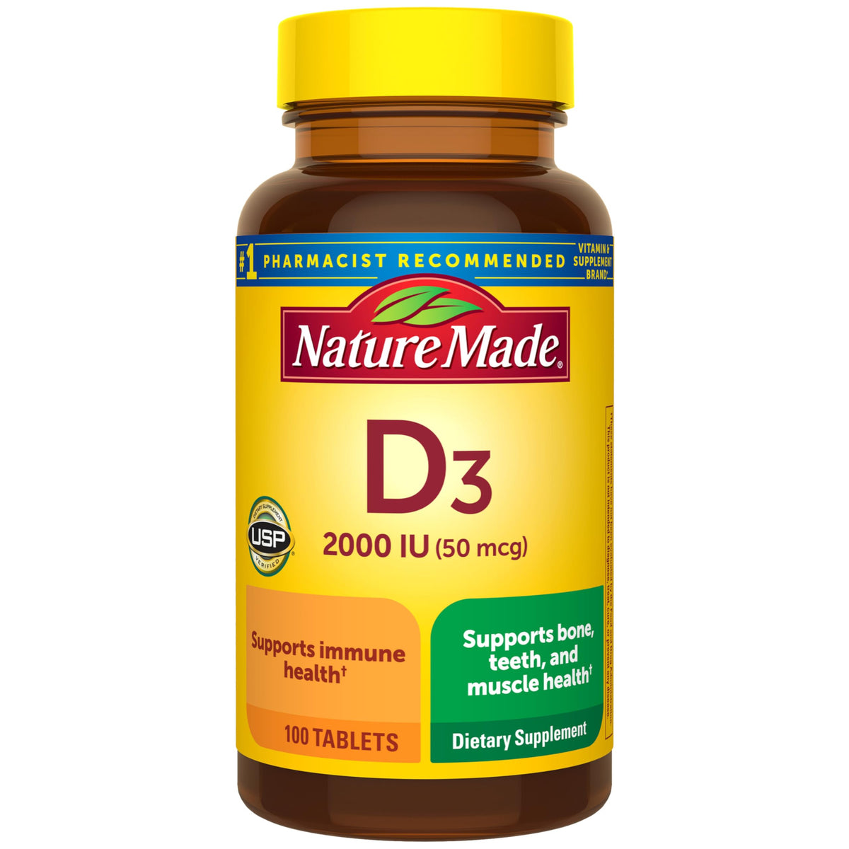 Nature Made Vitamina D3 2000 IU, botella frontal, apoyo para huesos y sistema inmune