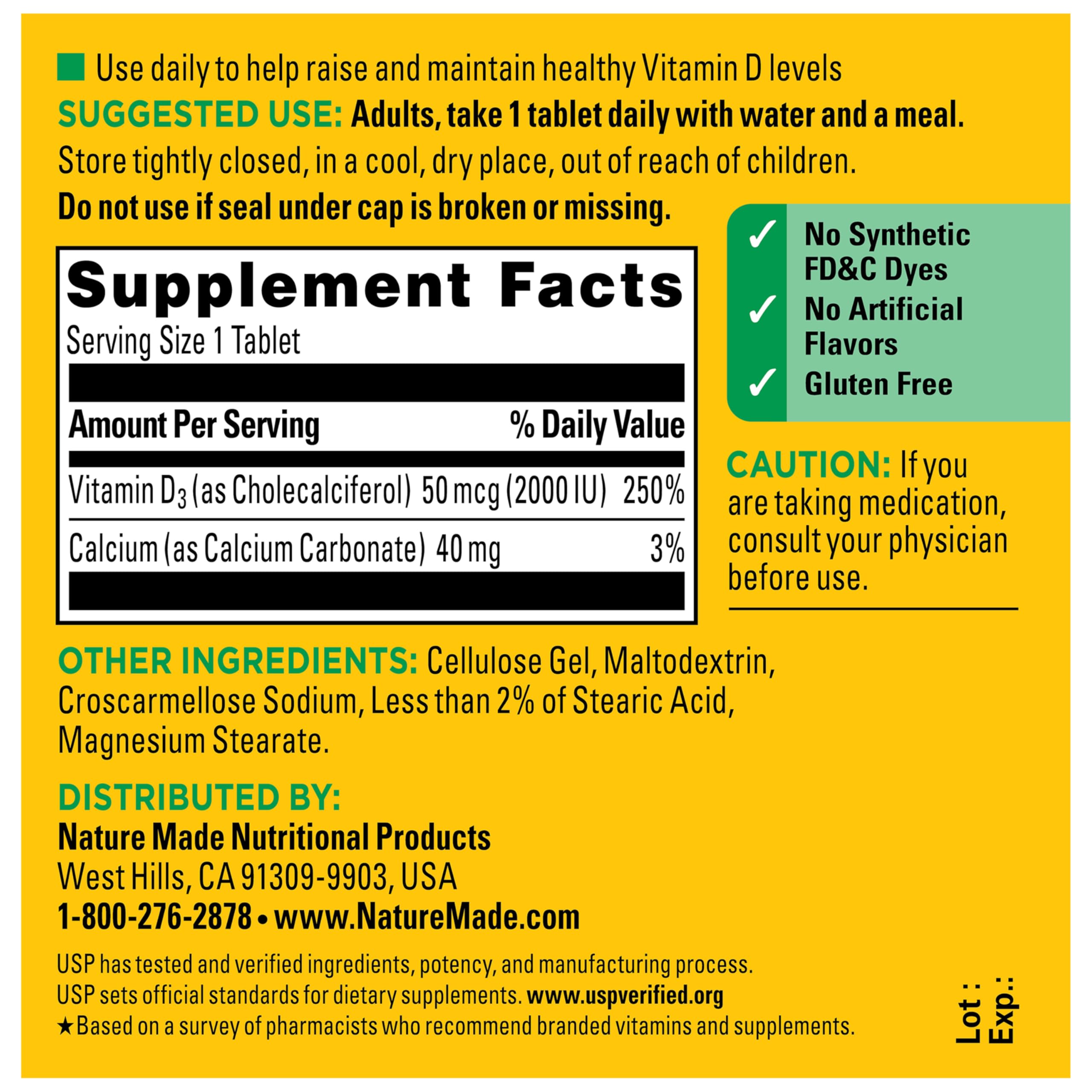 Nature Made Vitamina D3 2000 IU, ingredientes de alta calidad, sin gluten