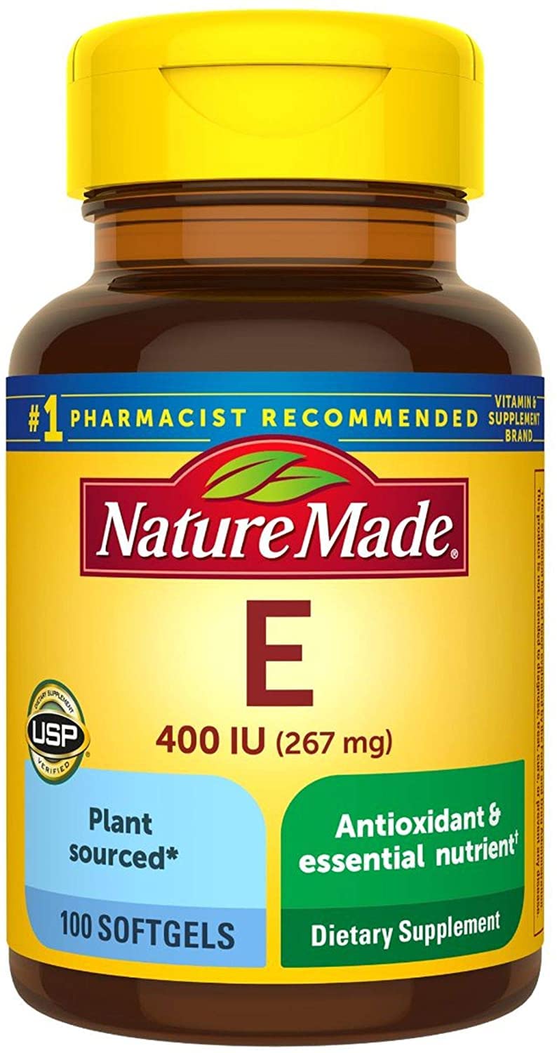 Nature Made Vitamina E 400 UI, cápsulas blandas frente a la botella, uso diario recomendado