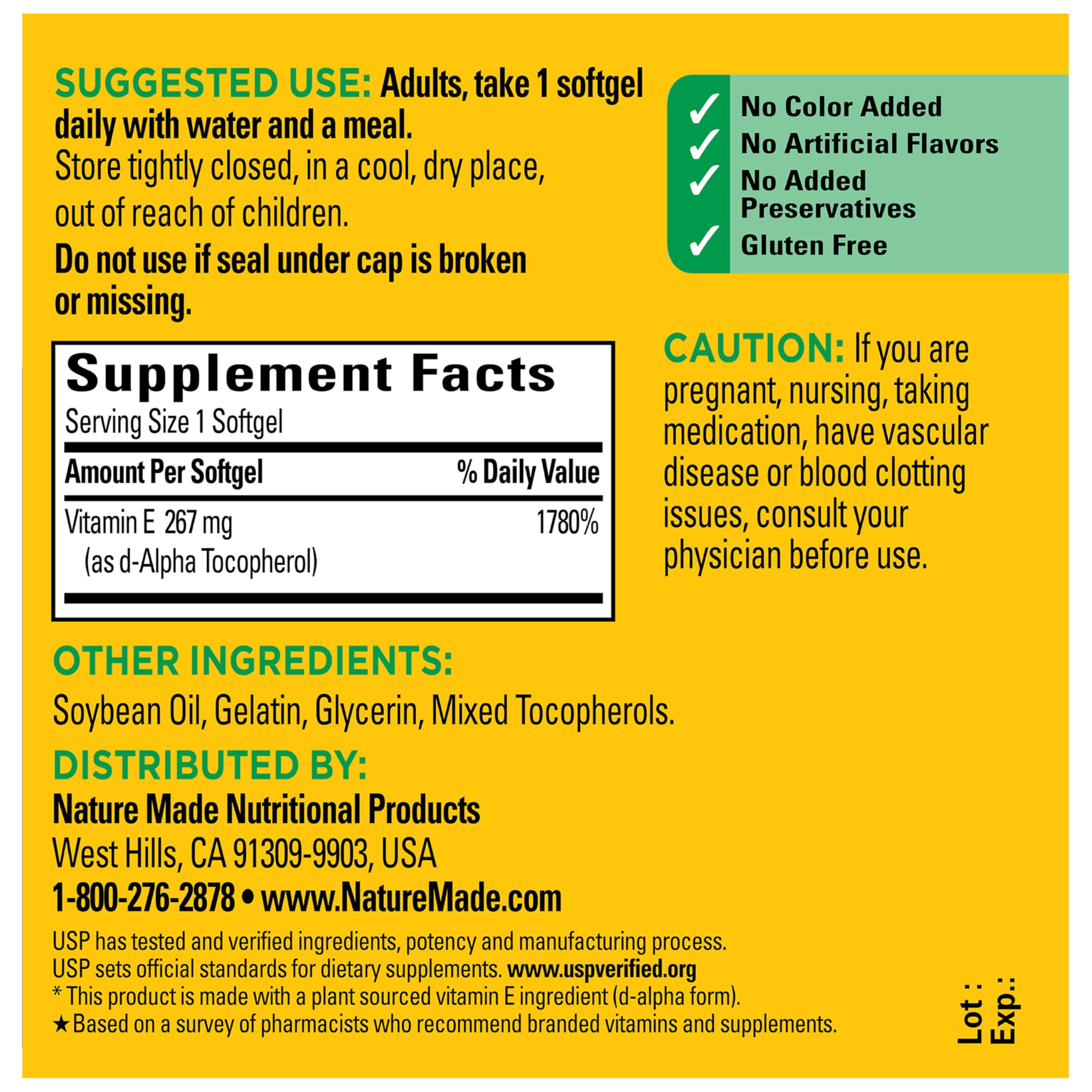 Nature Made Vitamina E 400 UI, sello USP verificado, garantía de calidad y trazabilidad.