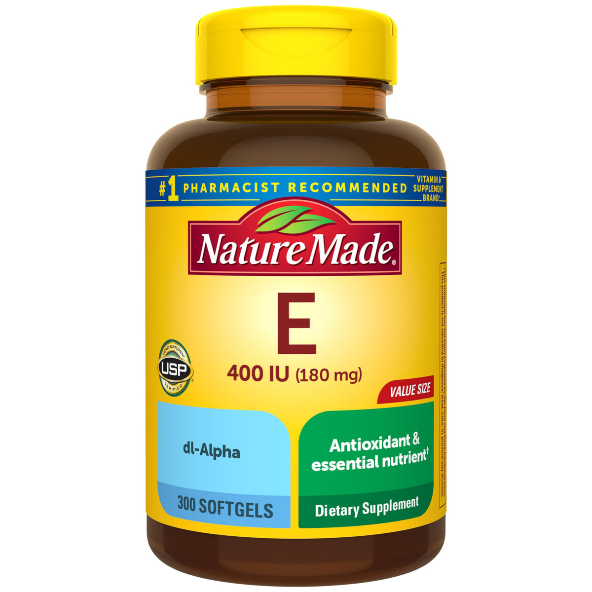 Nature Made Vitamina E 400 UI, frasco con cápsulas blandas para uso diario.