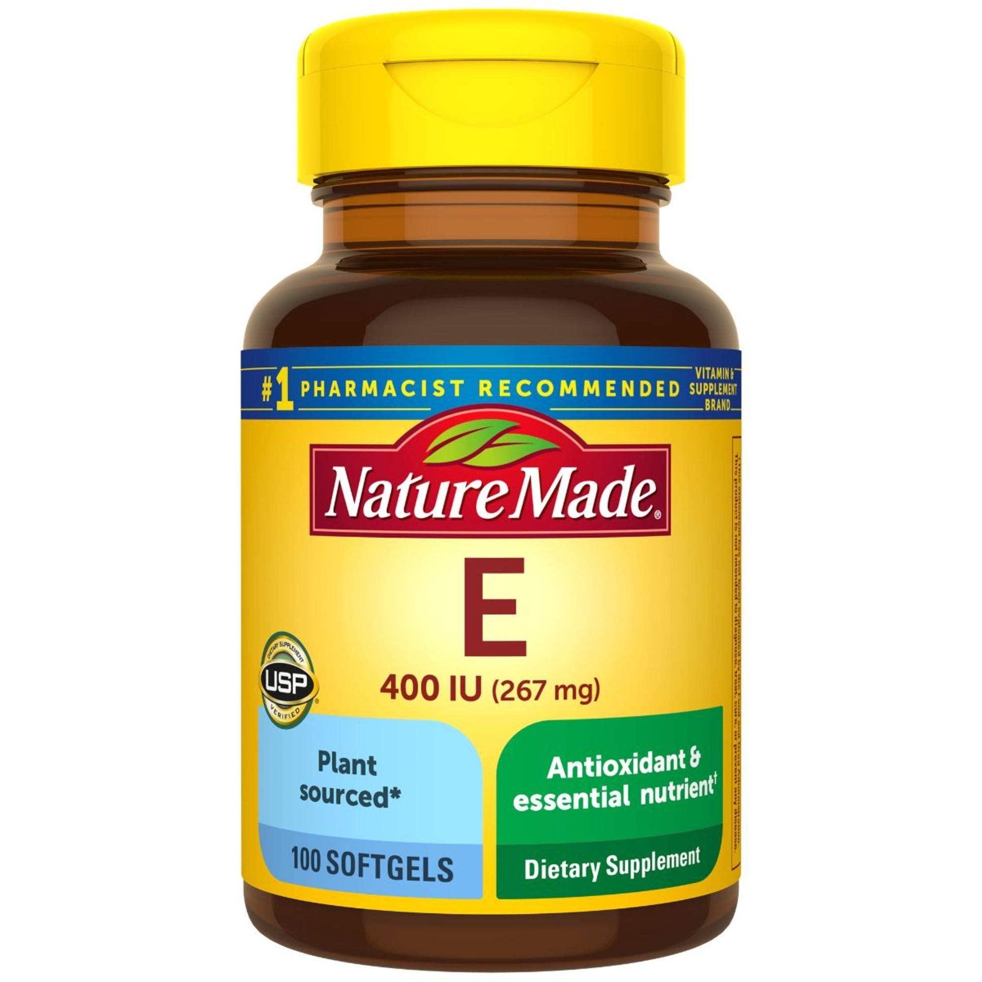 Vitamina E vegetal Nature Made en botella, cápsulas suaves, apoyo antioxidante diario.