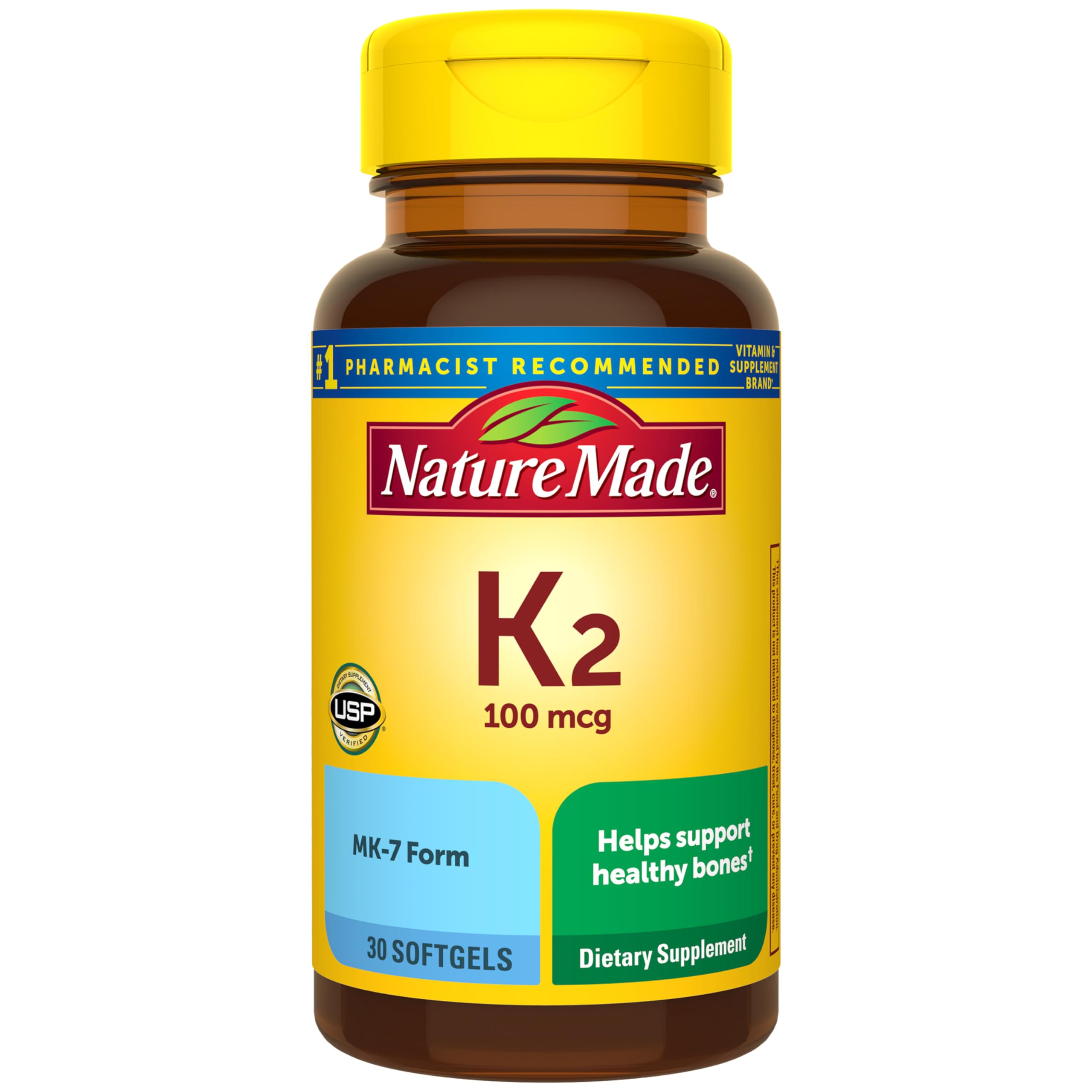 Nature Made Vitamina K2 100 mcg, botella frontal, posible apoyo a la salud ósea.