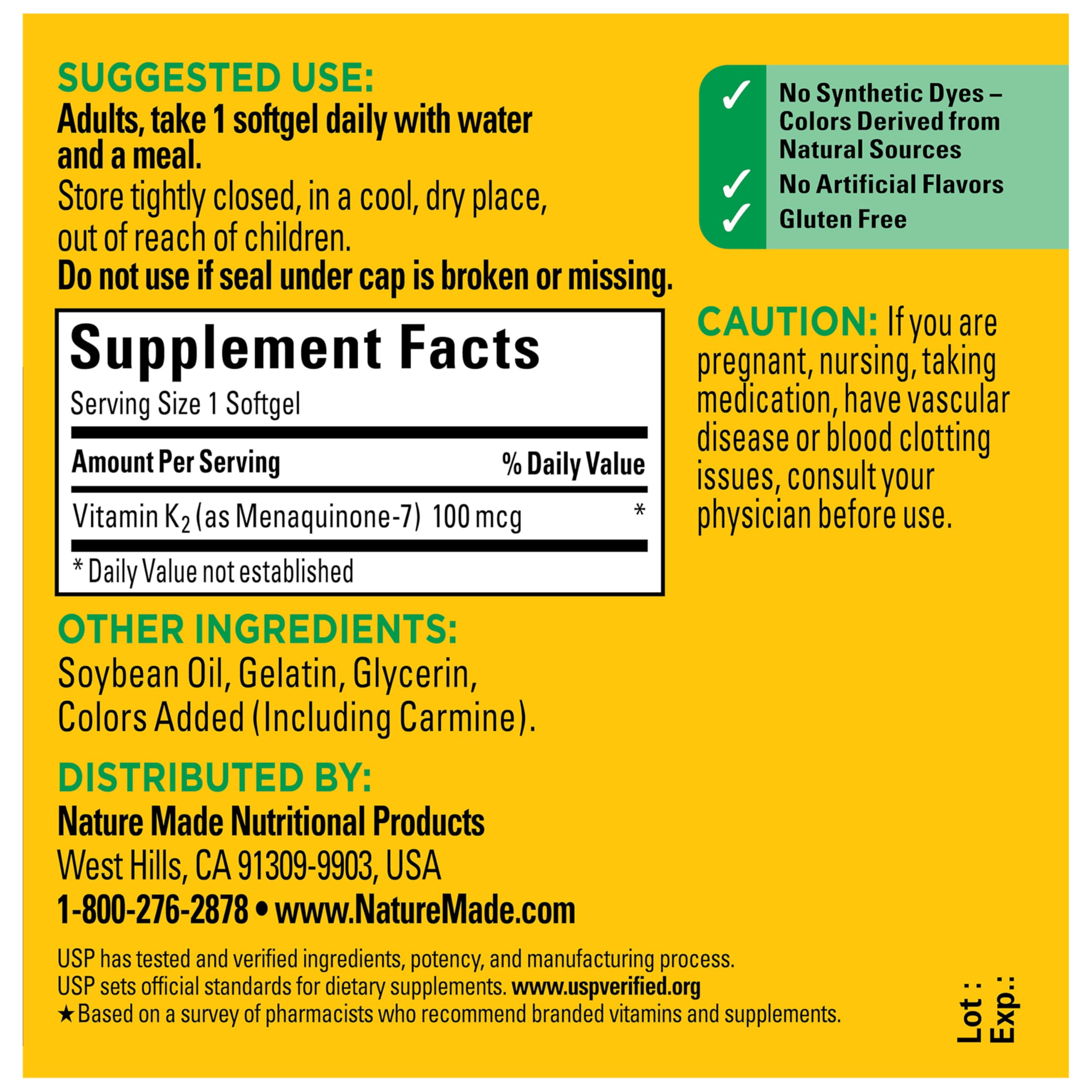 Nature Made Vitamina K2 100 mcg, verificado por USP, garantía de calidad.