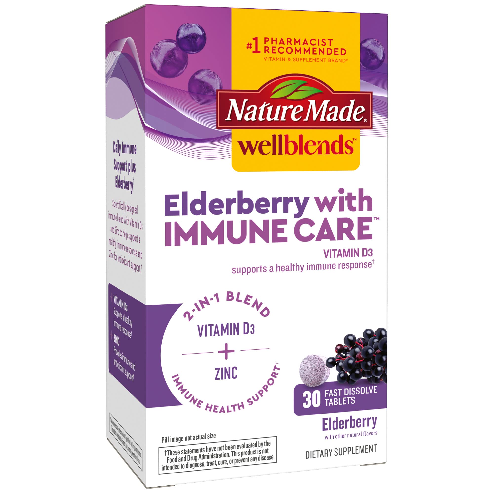 Nature Made Wellblends tableta disolución rápida sabor saúco para consumo diario.