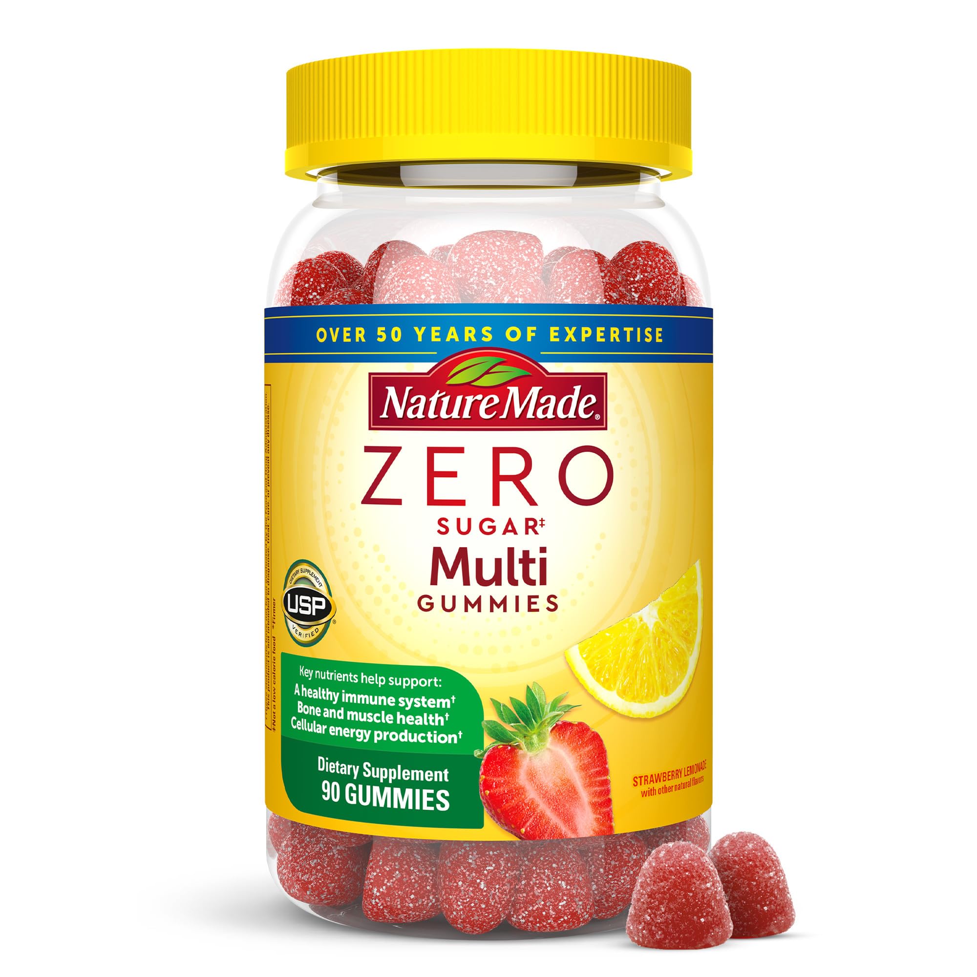 Nature Made gomitas multivitamínicas sin azúcar en frasco; uso diario.