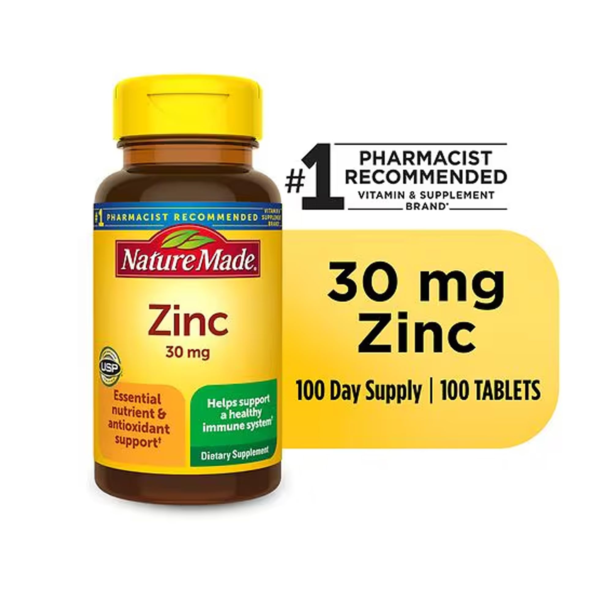 Nature Made Zinc 30 mg, tabletas, dosis diaria conveniente.