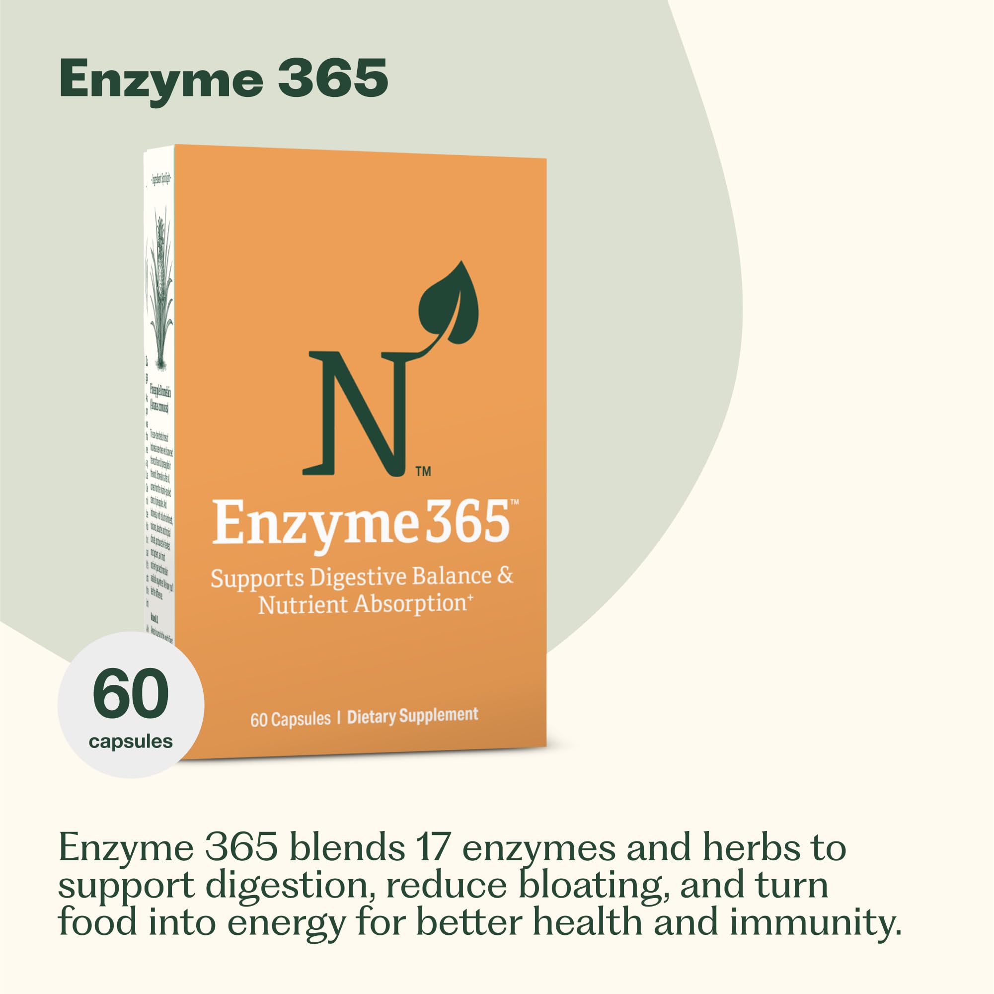 Nature M.D. Enzyme 365: etiqueta frontal detallada destacando la mezcla de 17 enzimas