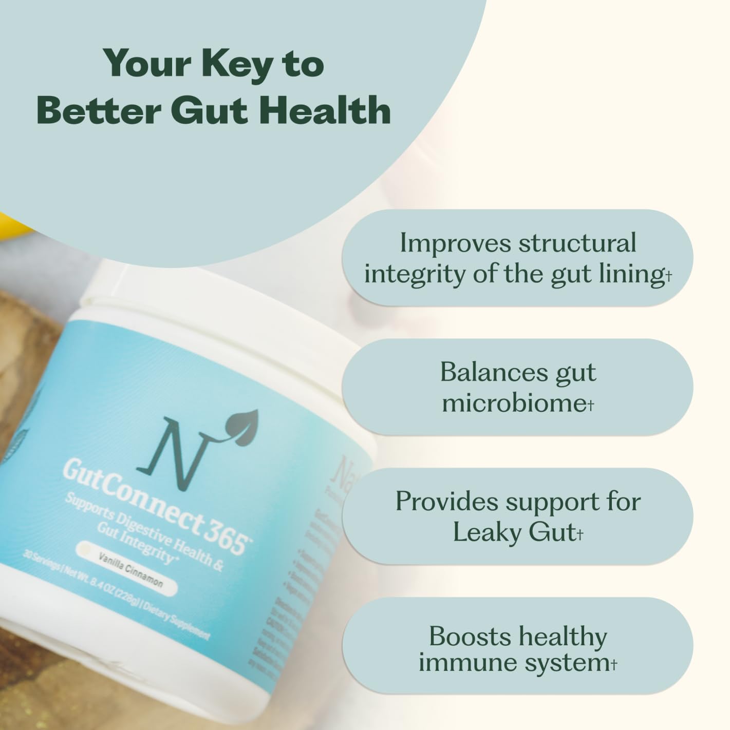 Nature M.D. GutConnect 365, dosificador integrado para porciones precisas.