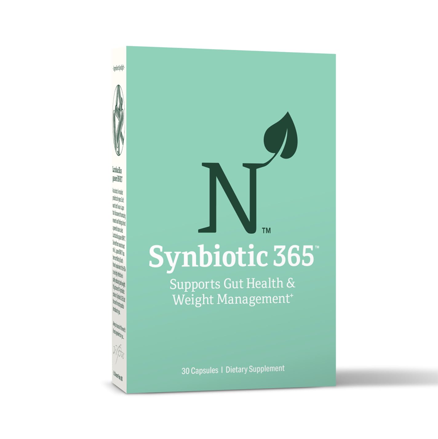 Nature M.D. Synbiotic 365: botella que destaca la fórmula triple acción para el bienestar digestivo