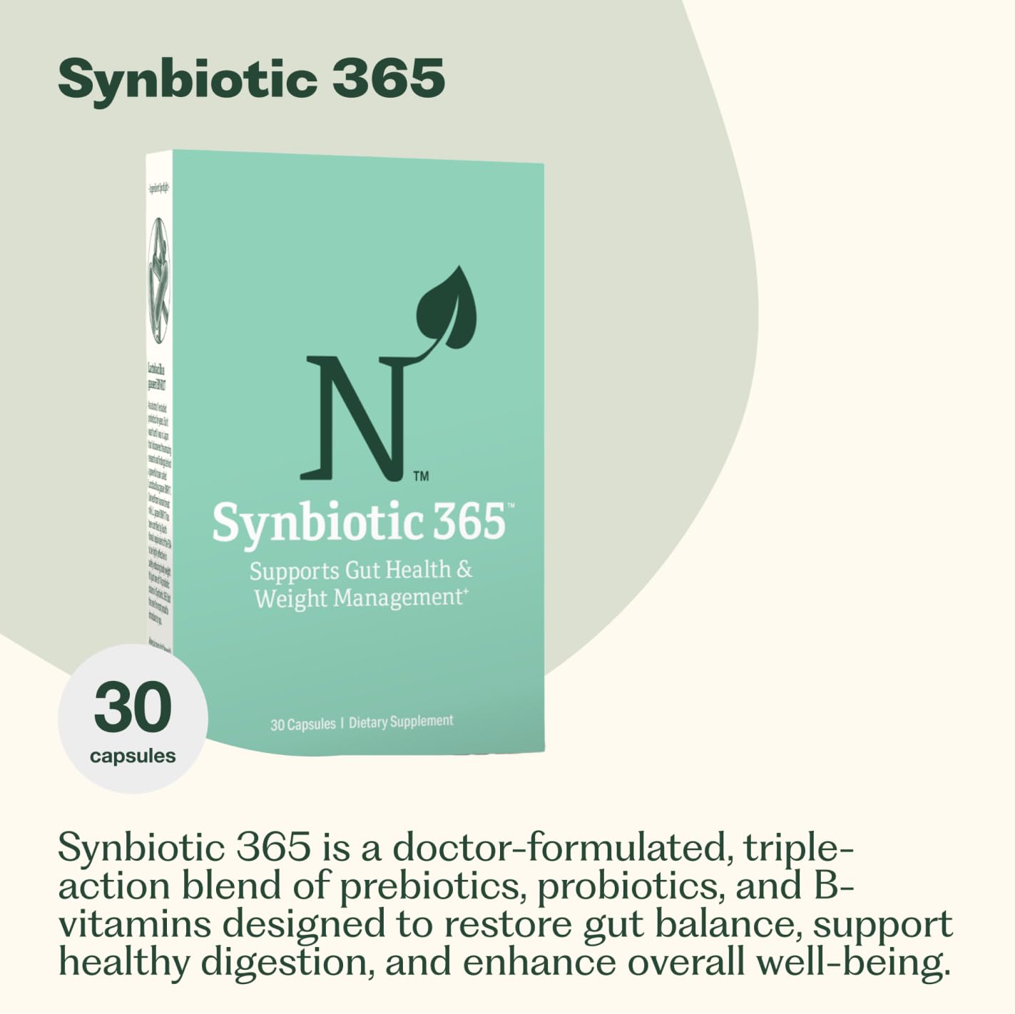 Etiqueta frontal de Nature M.D. Synbiotic 365 mostrando la información de la fórmula
