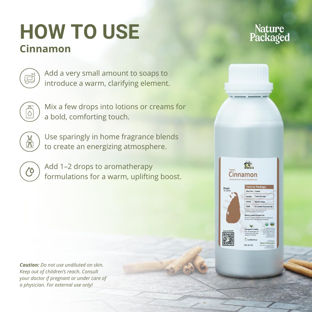 Nature Packaged aceite esencial de canela para cuidado de la piel y limpieza suave.