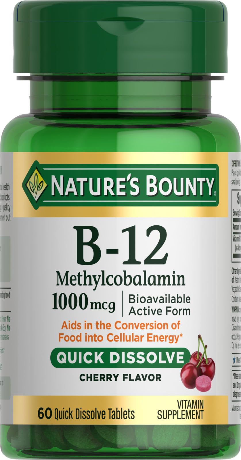 Tabletas Nature's Bounty B-12, disolución rápida, sabor cereza, para energía diaria.