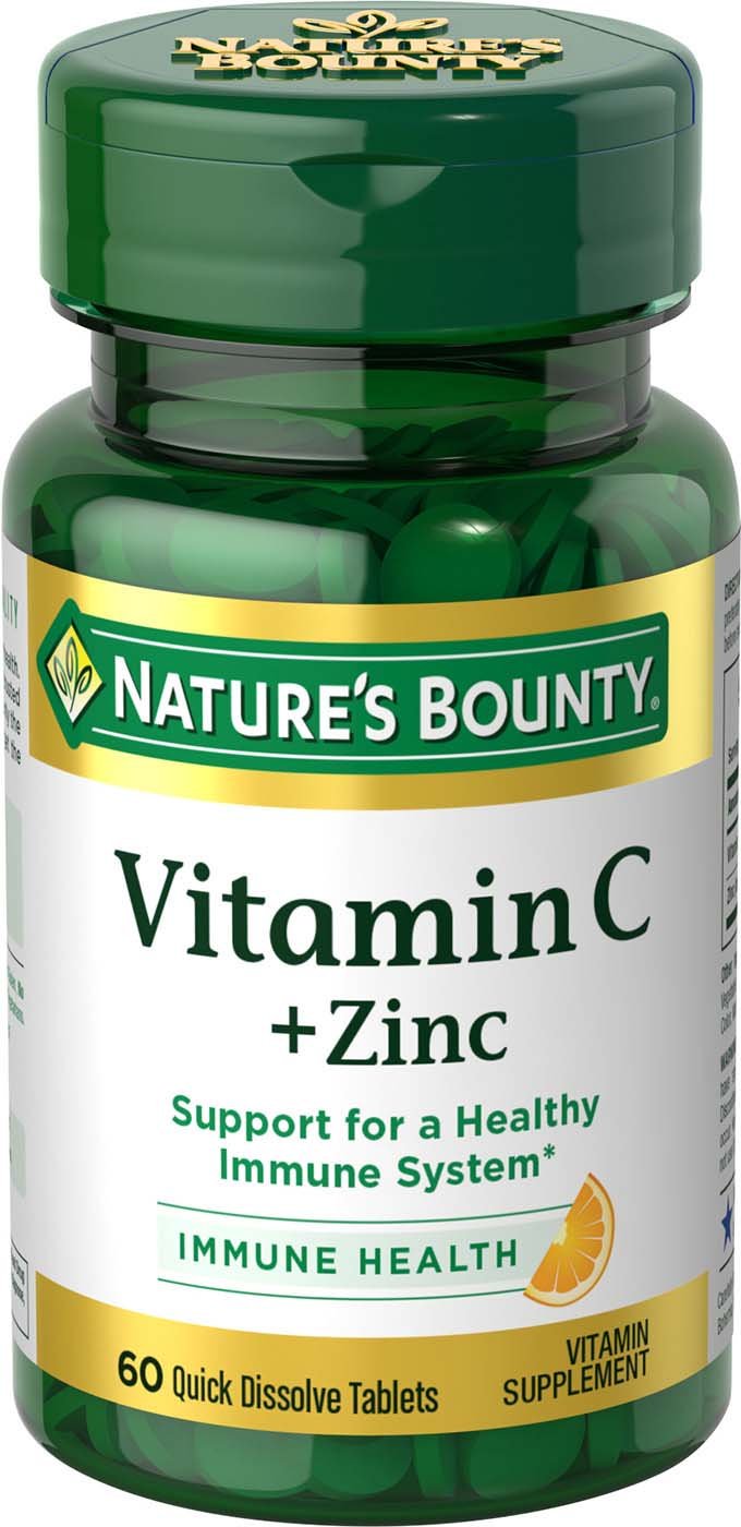 Nature's Bounty Vitamin C + Zinc, botella de tabletas para apoyo diario inmunitario.