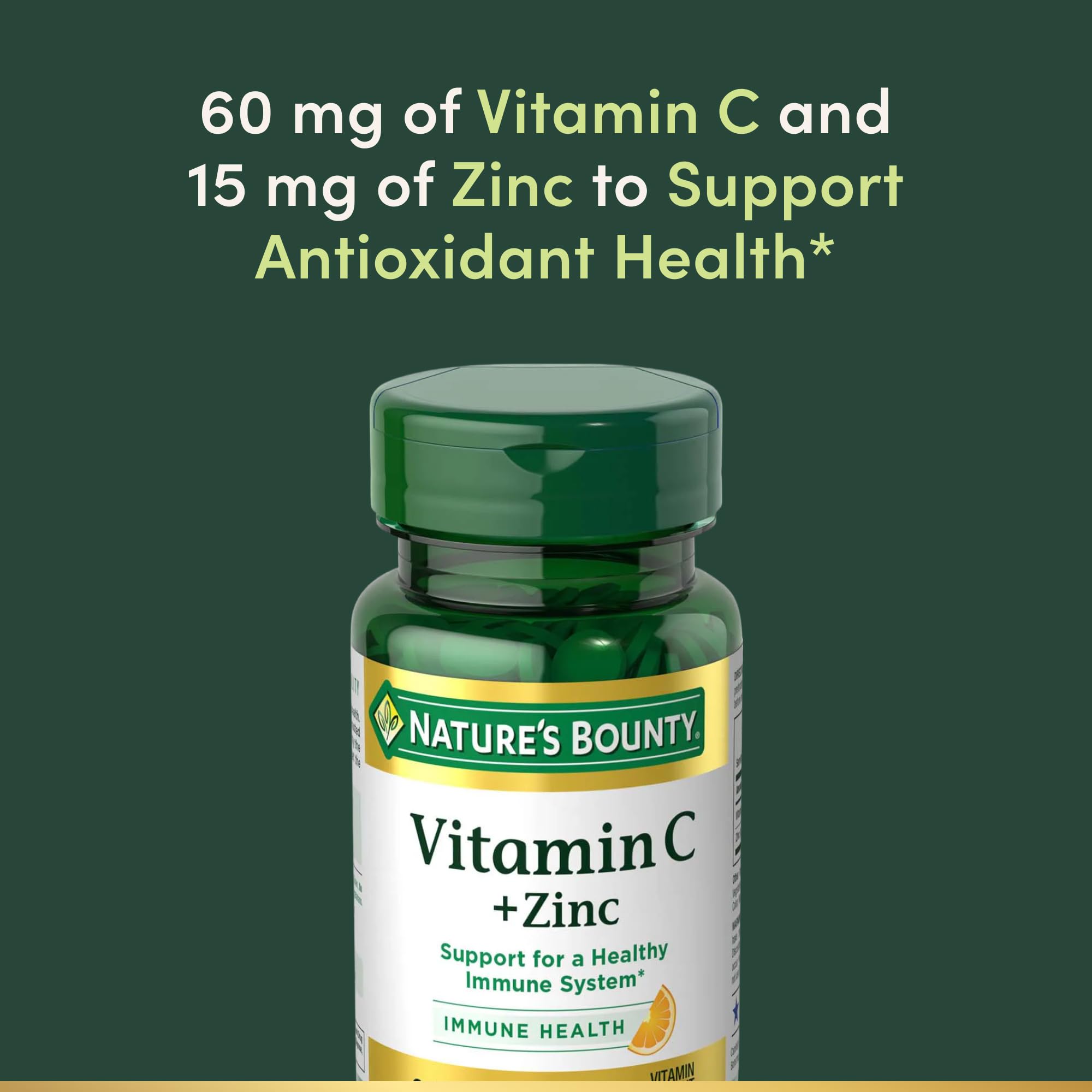 Etiqueta de Nature's Bounty Vitamin C + Zinc con información clara de ingredientes.