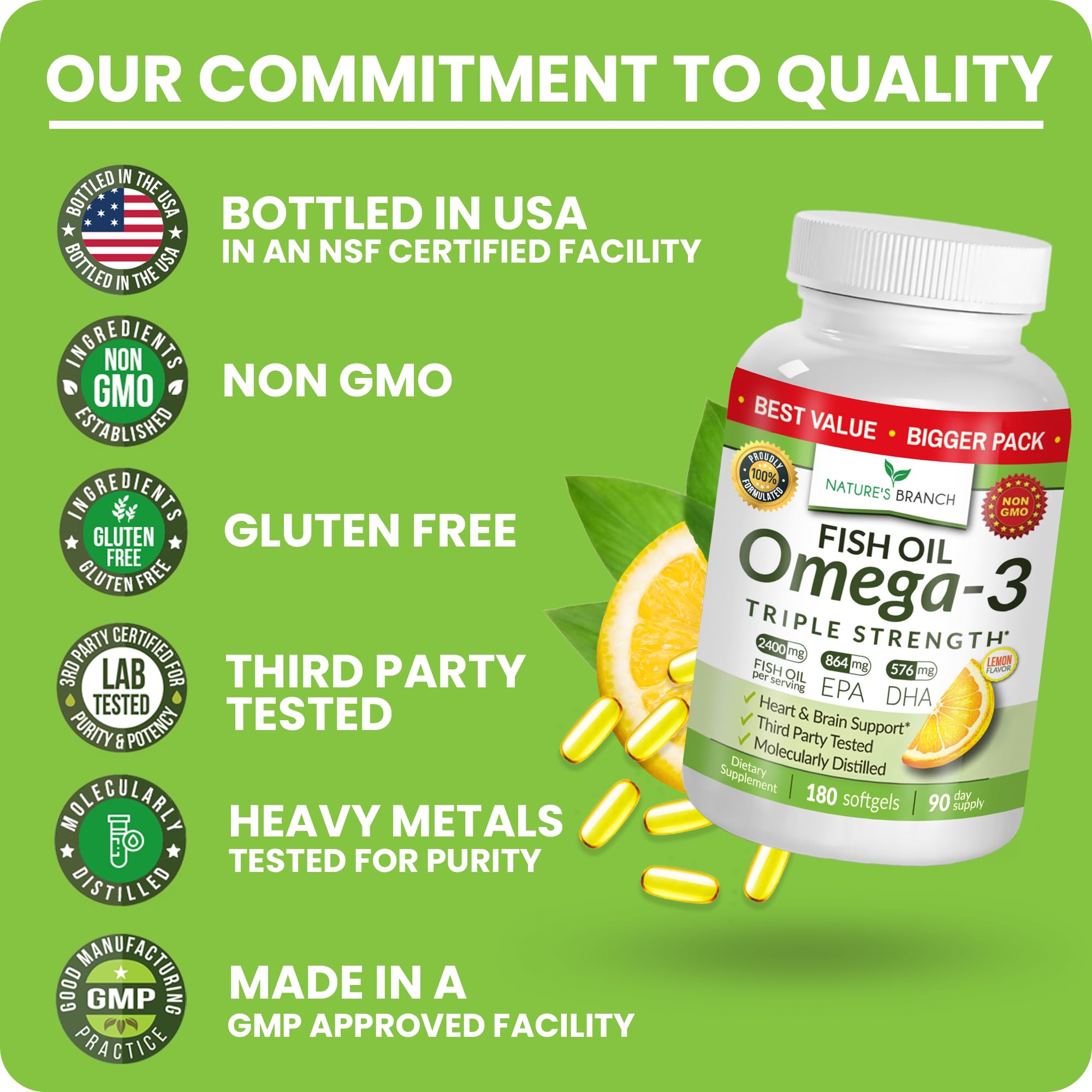 Nature's Branch Omega-3 envasado en Estados Unidos y libre de GMO