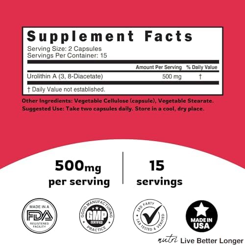 Nature's Fusions Nutri Urolithin A uso diario, complemento práctico para bienestar.