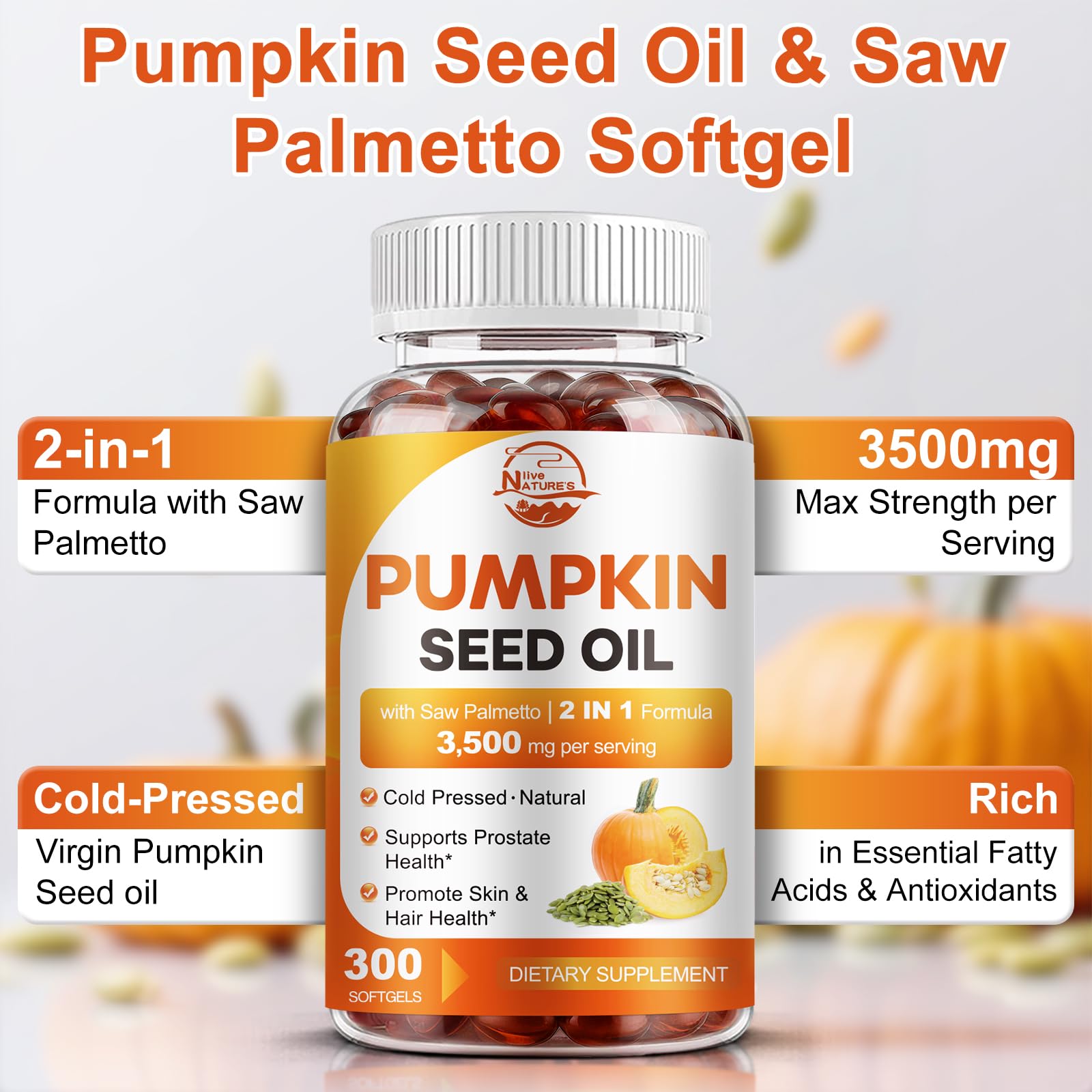 Nature's Live aceite de calabaza cápsulas, etiqueta visible, concentración alta para uso diario