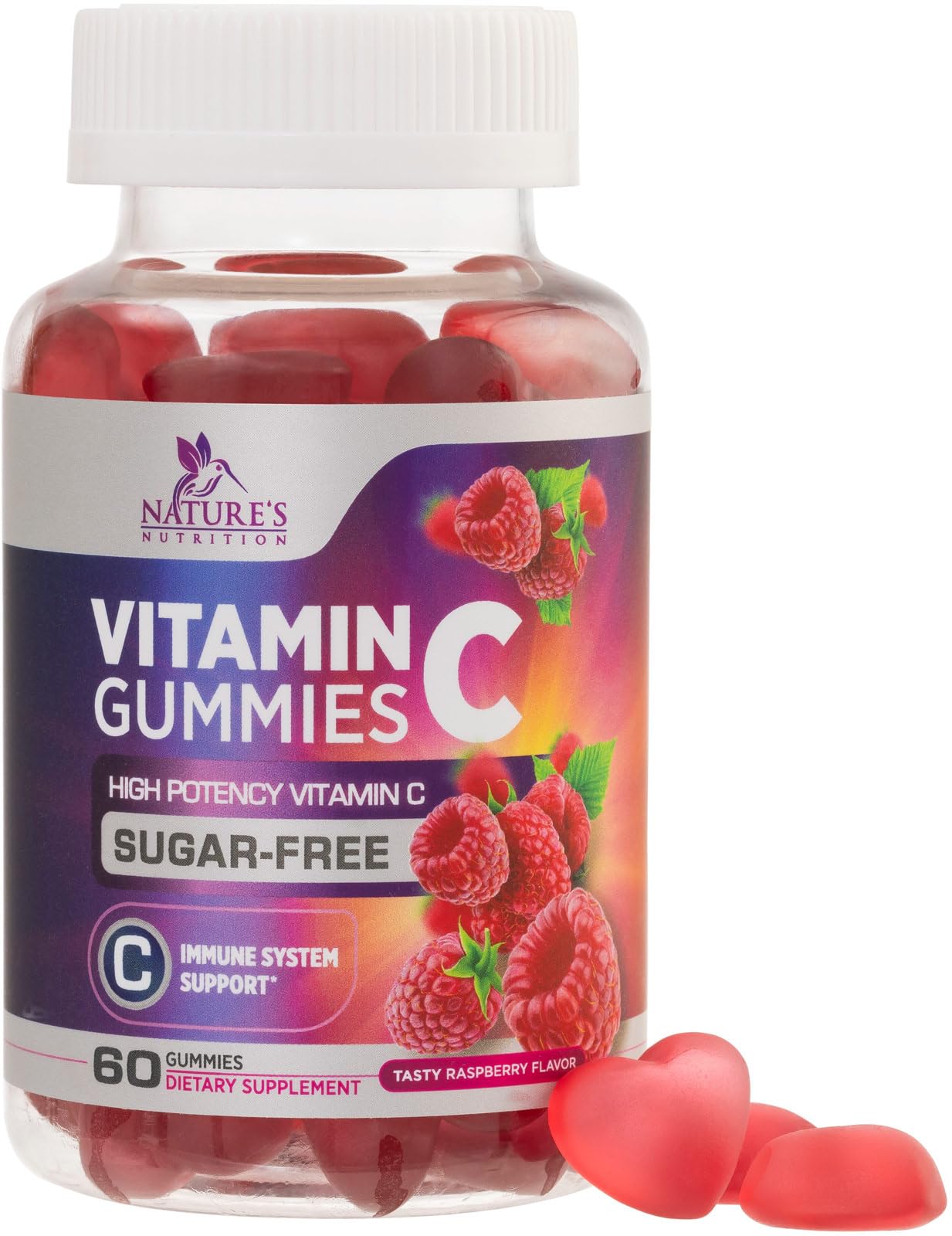 Nature's Nutrition Vitamin C Gummies, envase frontal para reconocimiento de marca y sabor frambuesa
