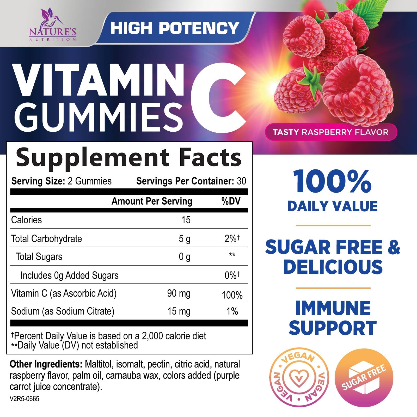 Nature's Nutrition Vitamin C Gummies, gomitas frambuesa en primer plano