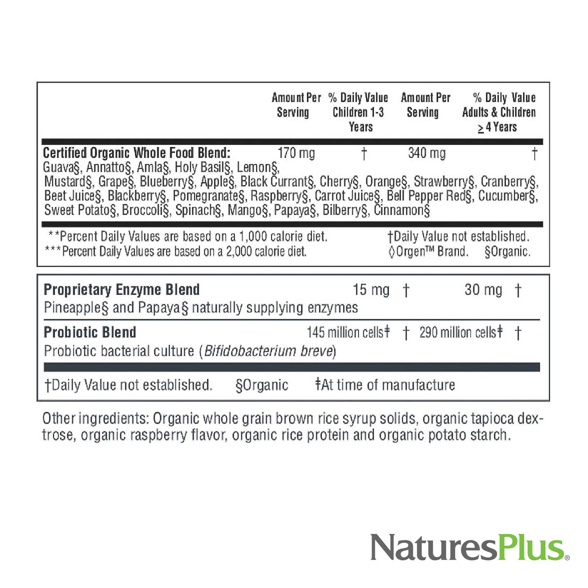 Nature's Plus Fuente de Vida Garden etiqueta orgánica USDA, opción limpia para familias.