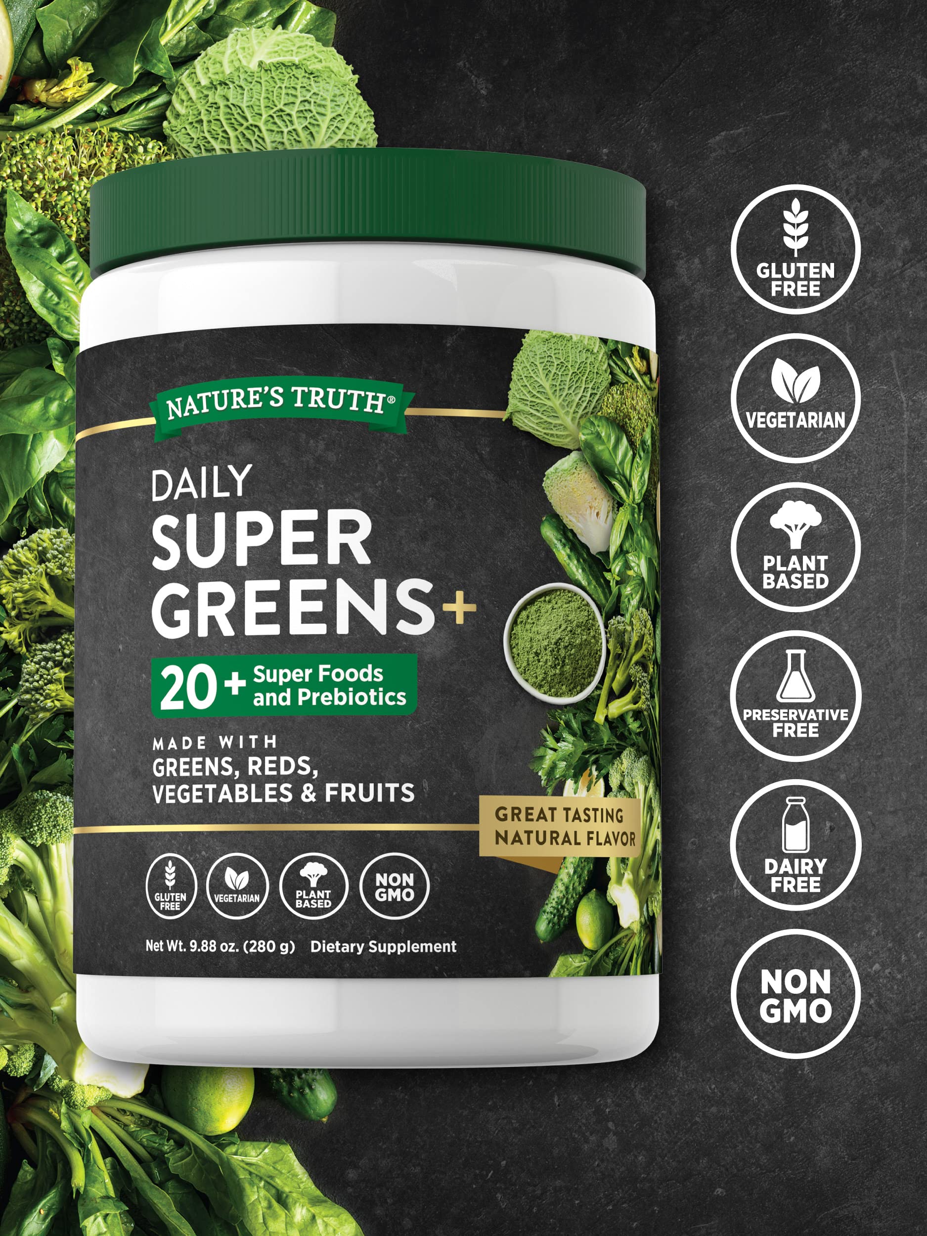 Polvo de Nature's Truth Súper Verdes con mezcla de frutas y verduras para jugos.