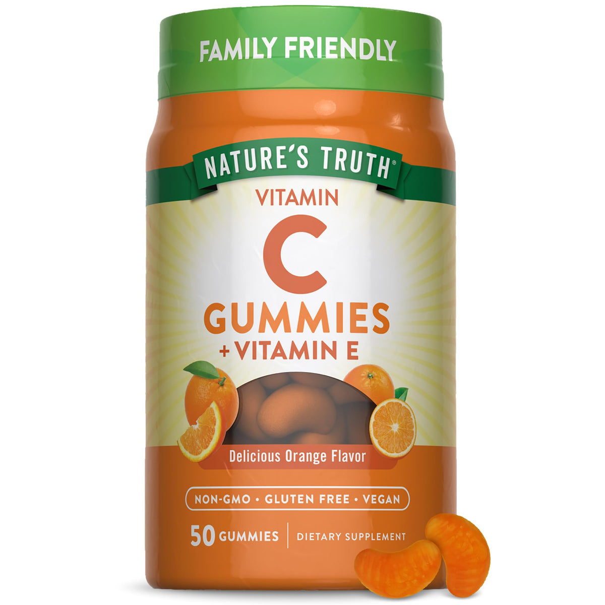 Nature's Truth Vitamin C Gummies frente a la botella, sabor naranja y aporte de vitamina C