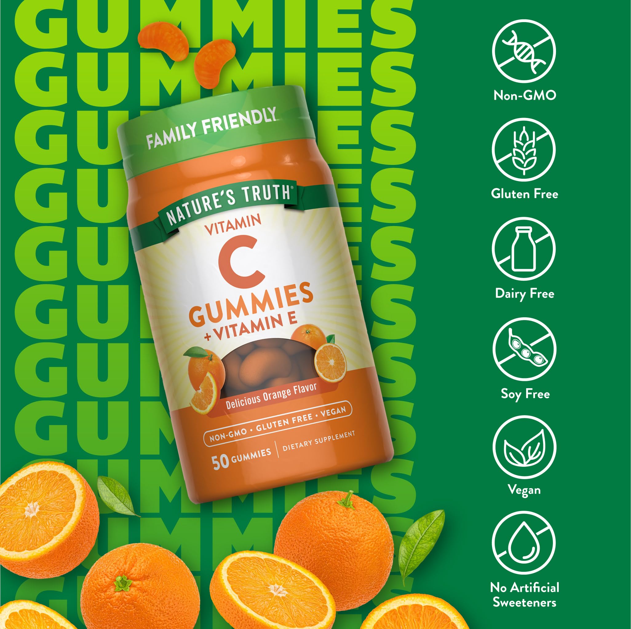 Nature's Truth Vitamin C Gummies sabor naranja, etiqueta sin gluten