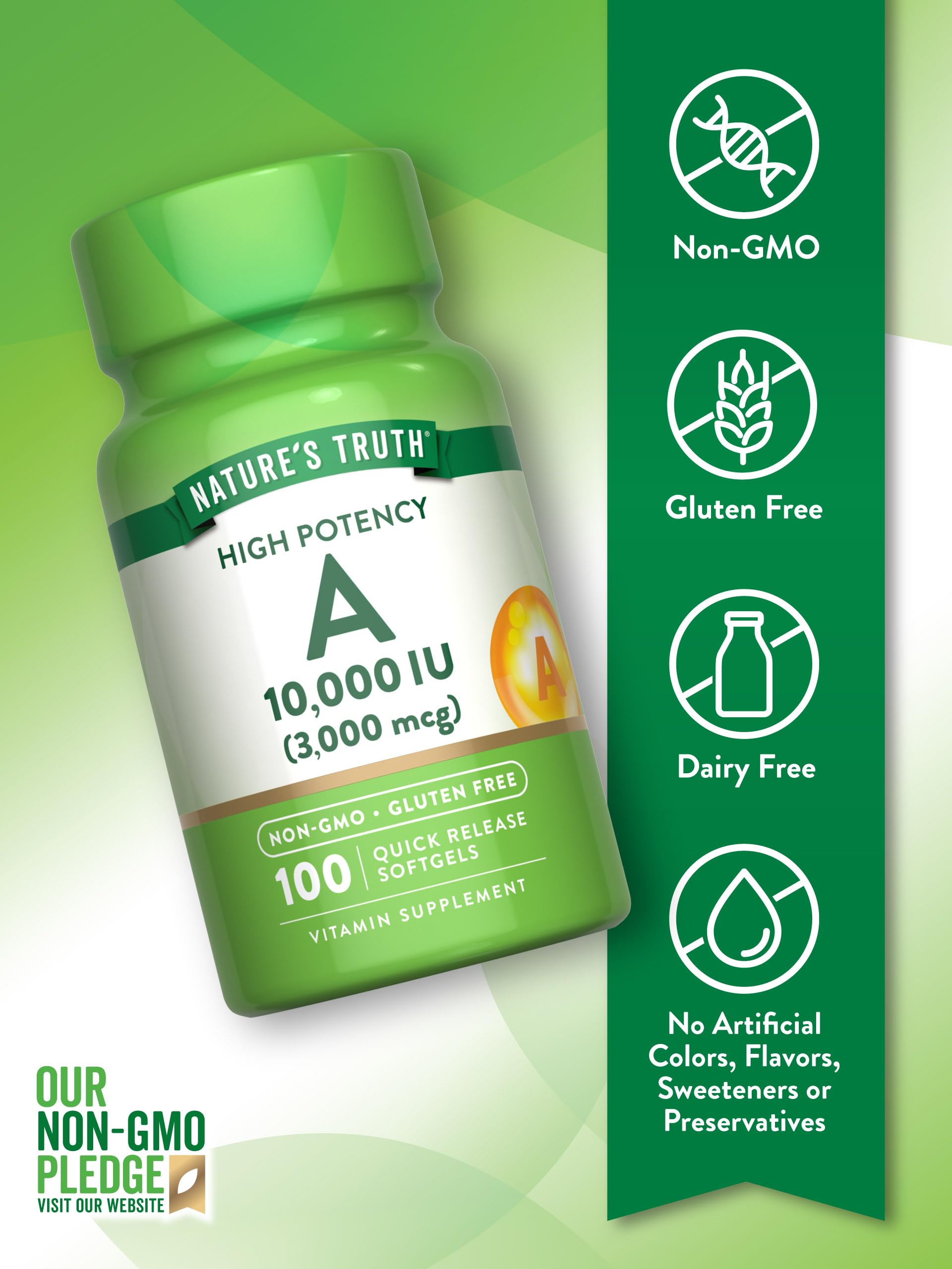 Envase de Nature's Truth Vitamina A 10000 UI con cápsulas suaves y etiqueta