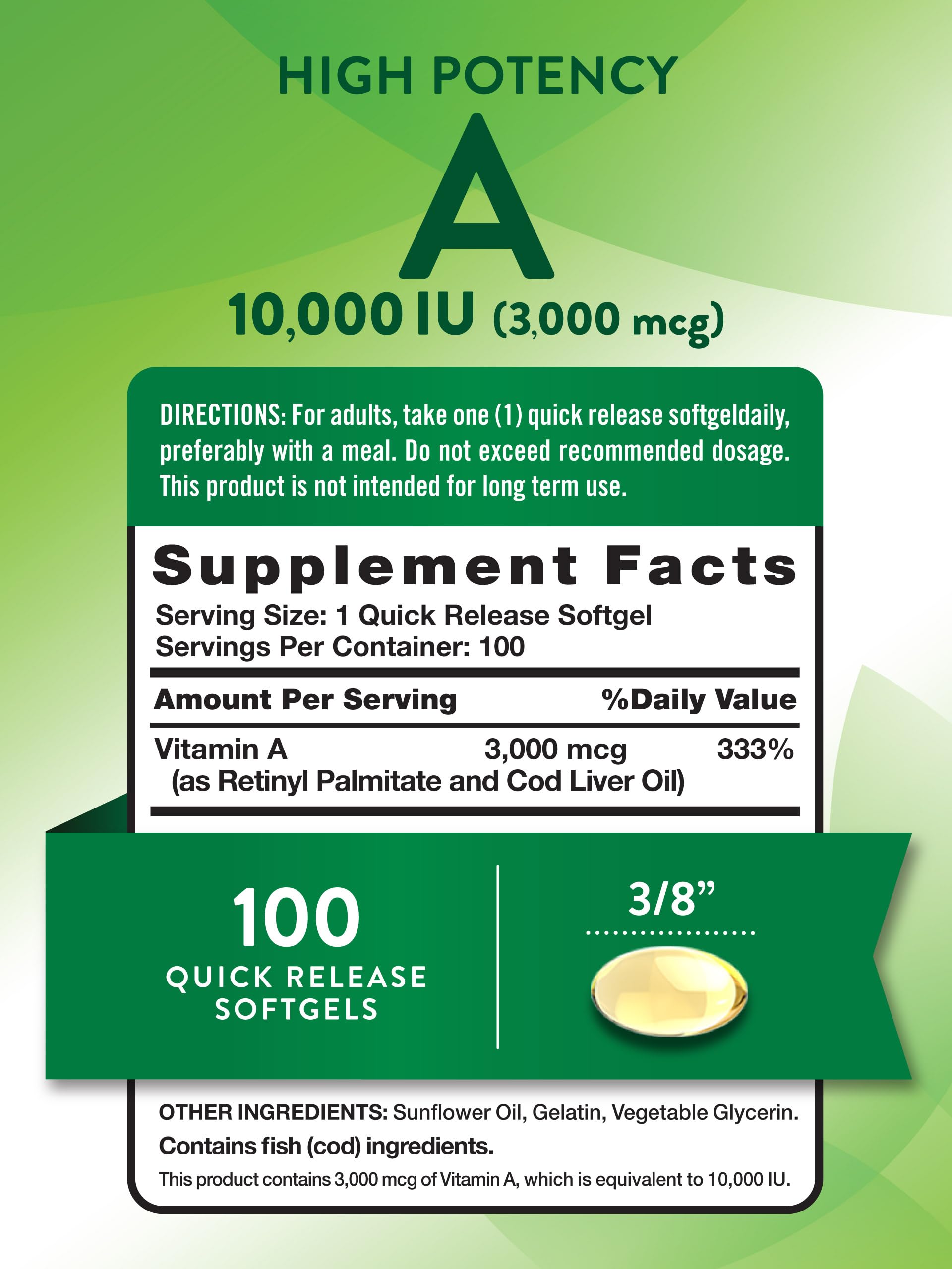 Primer plano de cápsulas suaves Nature's Truth Vitamina A 10000 UI para uso diario