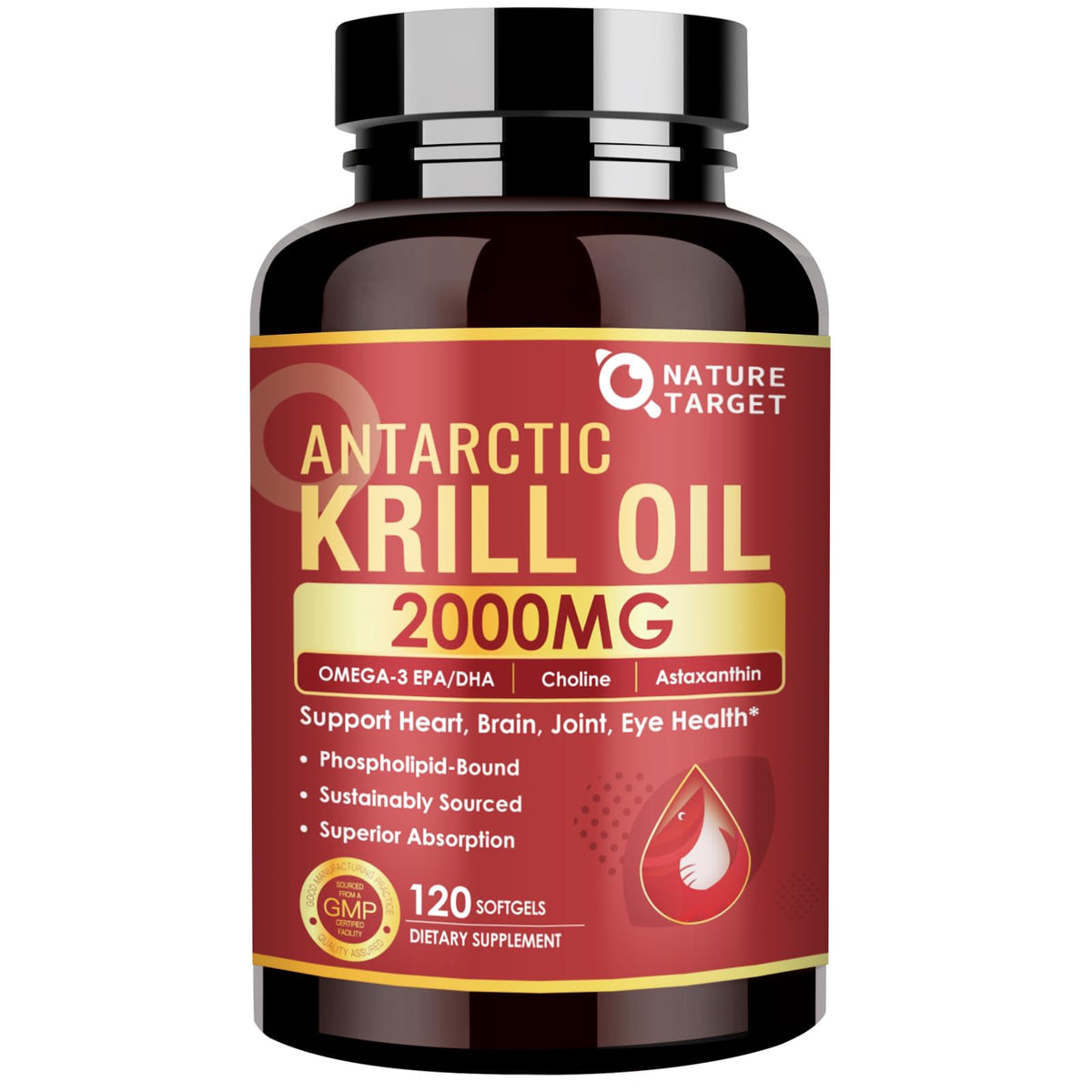 NATURE TARGET Aceite de krill 2000 mg, botella visible para uso diario y apoyo cardiovascular.