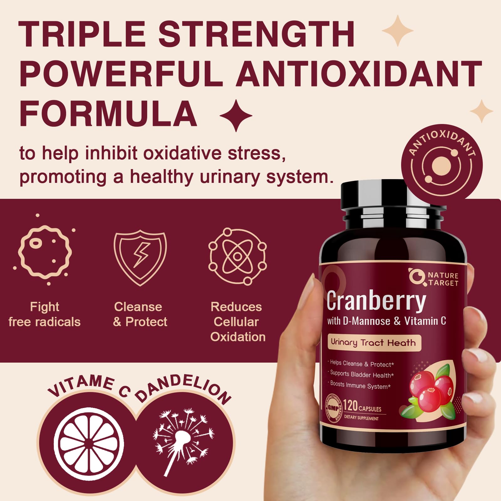 Nature Target arándano pildoras con vitamina C para apoyo antioxidante diario.