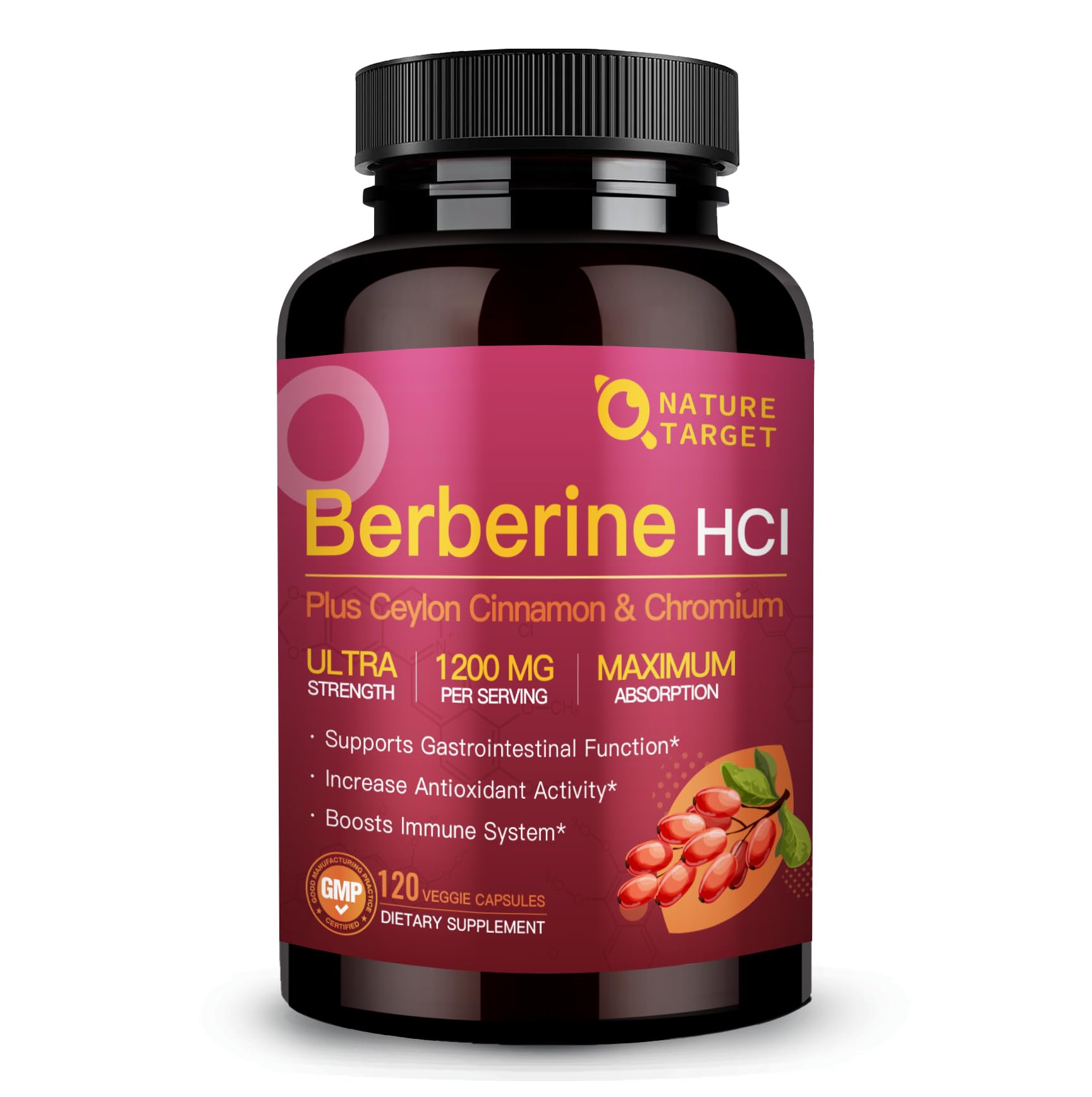 NATURE TARGET Berberina HCl 1200mg, botella de cápsulas, apoyo a la salud general