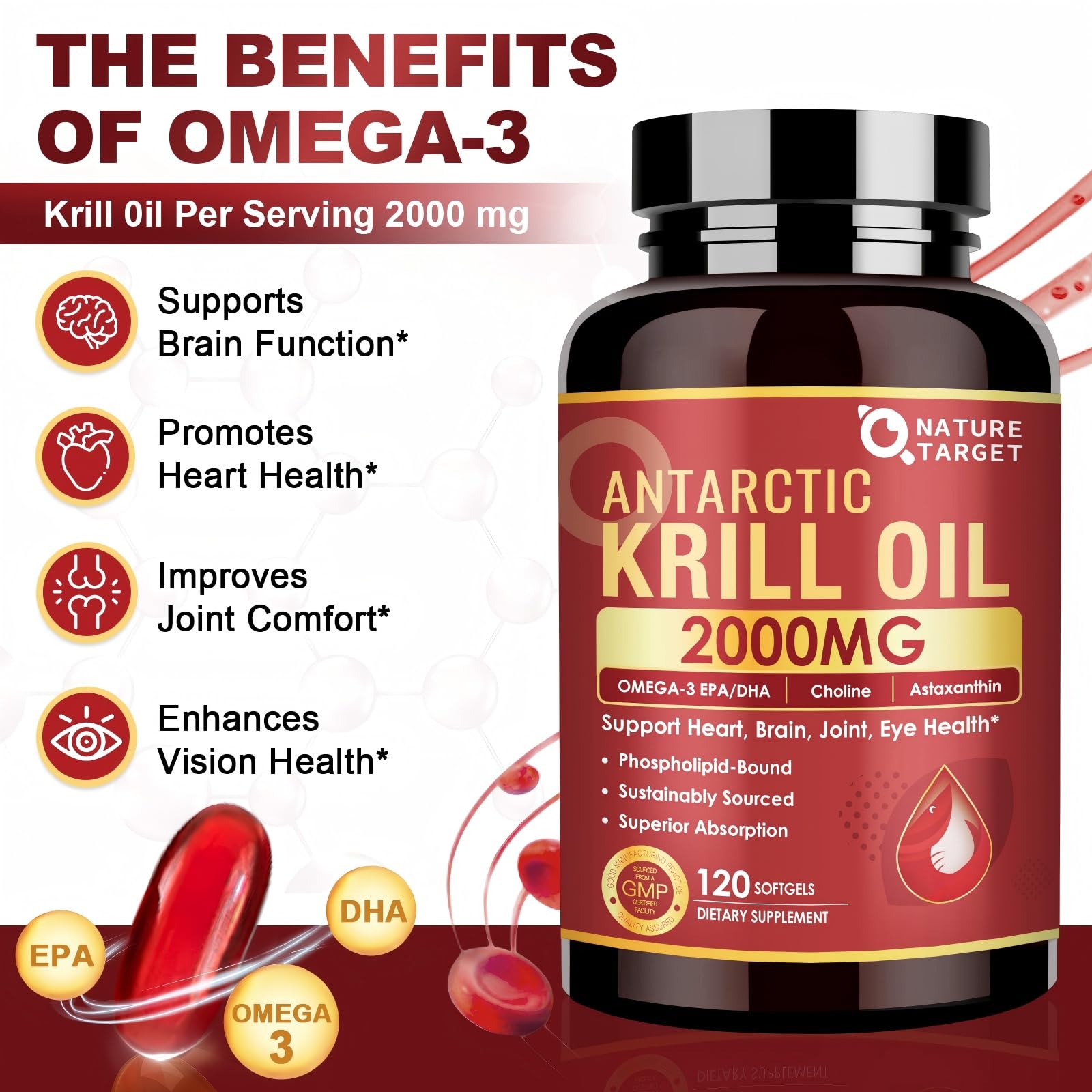 NATURE TARGET Capsulas de krill 2000 mg, dos capsulas faciles de tragar para apoyo diario.