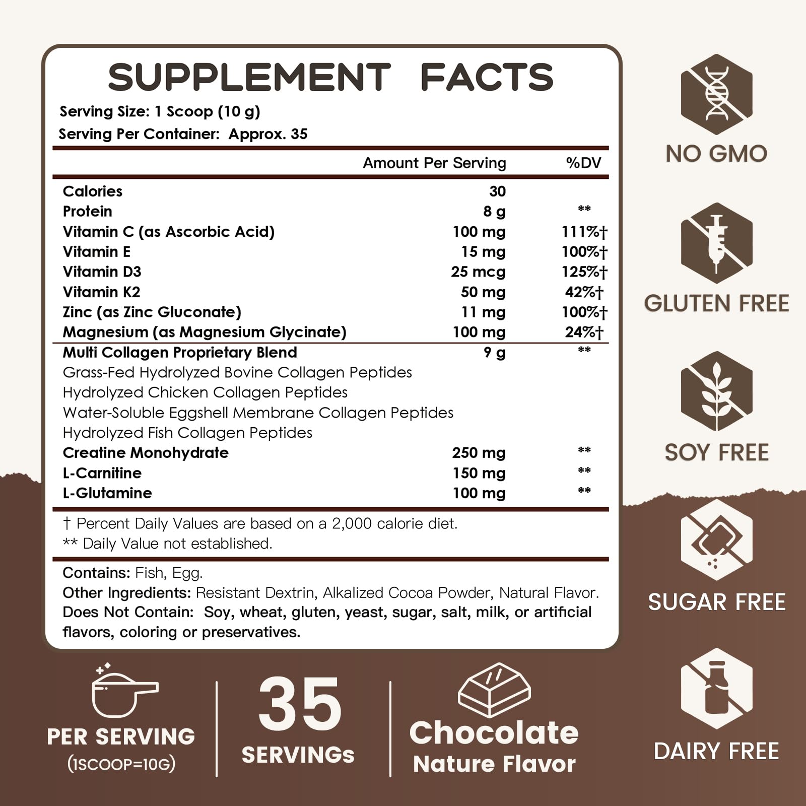 Nature Target Chocolate Multi Collagen Peptides con cucharita incluida, fácil de medir.