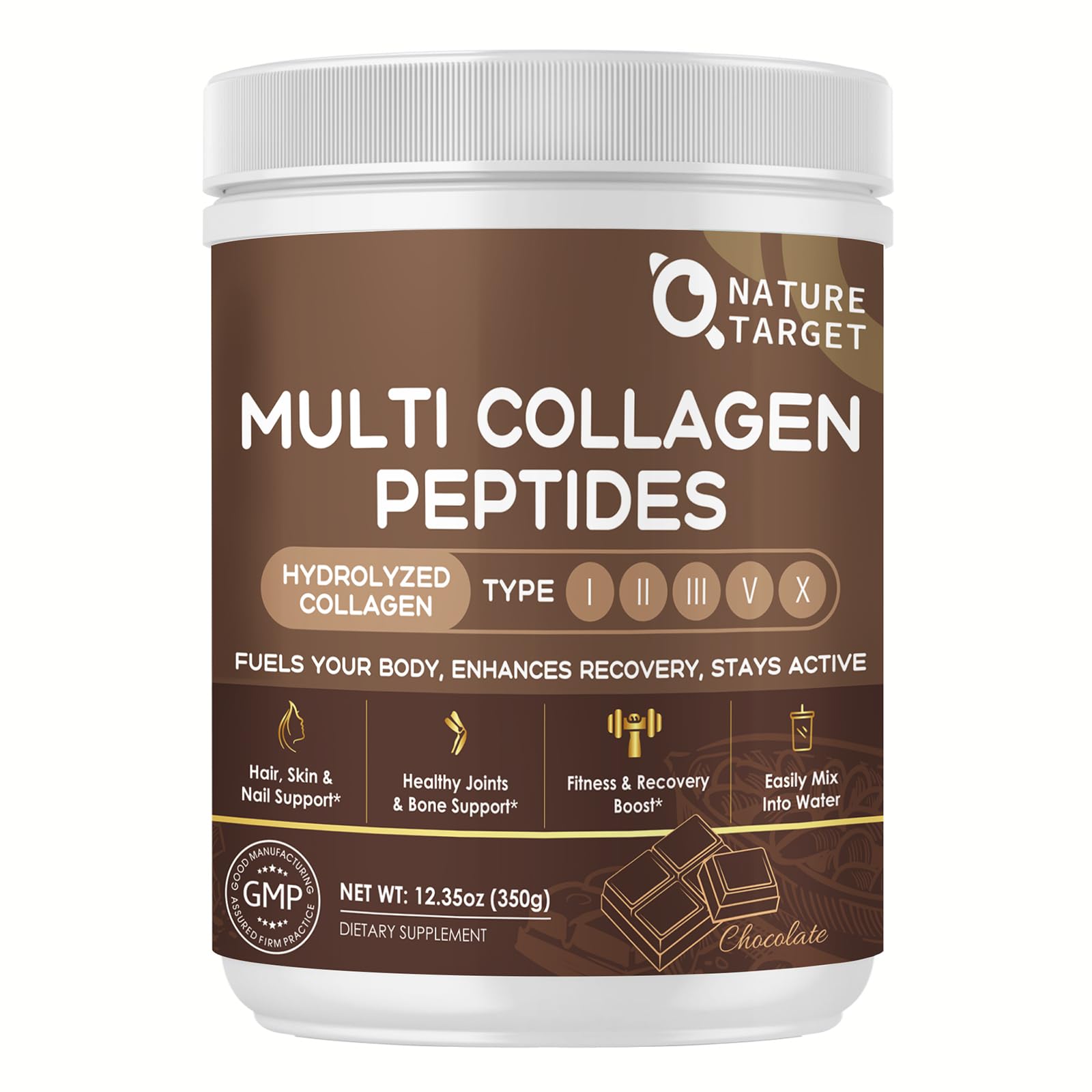 Nature Target Chocolate Multi Collagen Peptides en envase lleno, listo para la rutina diaria.