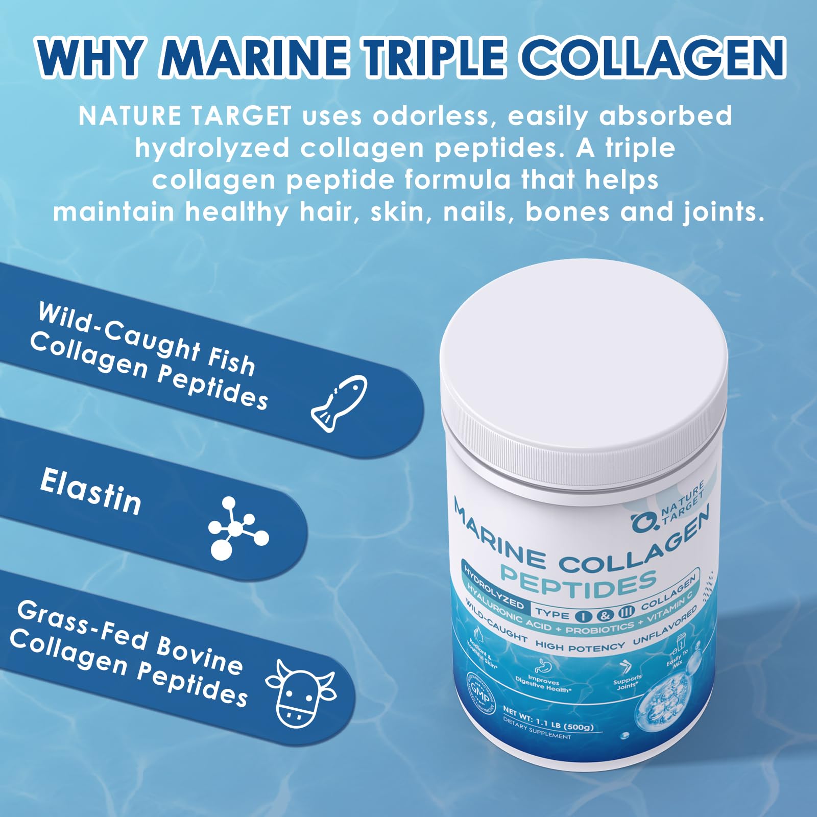 Nature Target Colágeno Marino ingredientes clave: colágeno marino, bovino, ácido hialurónico y vitamina C.