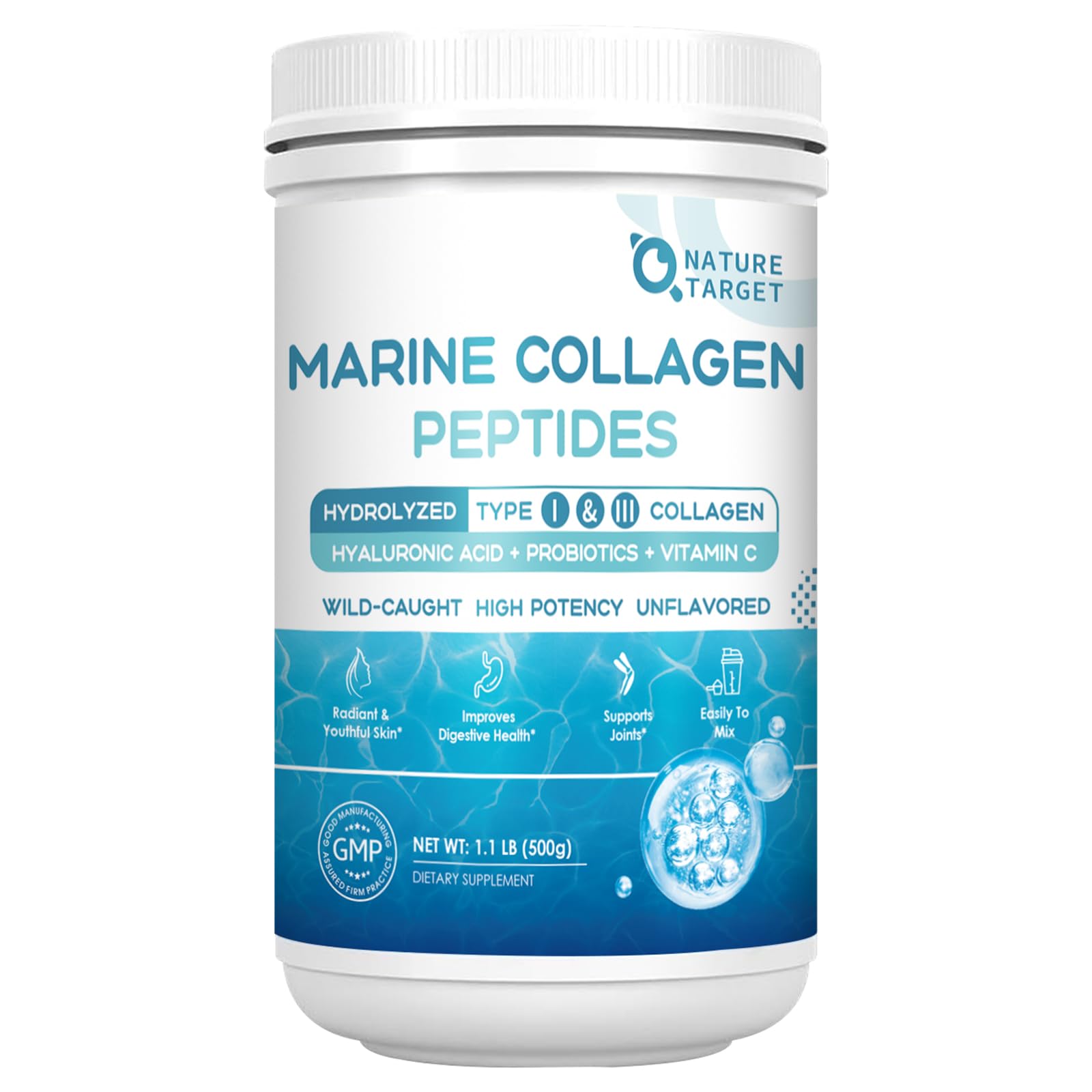Nature Target Colágeno Marino polvo muestra preparación para cabello, piel y uñas.