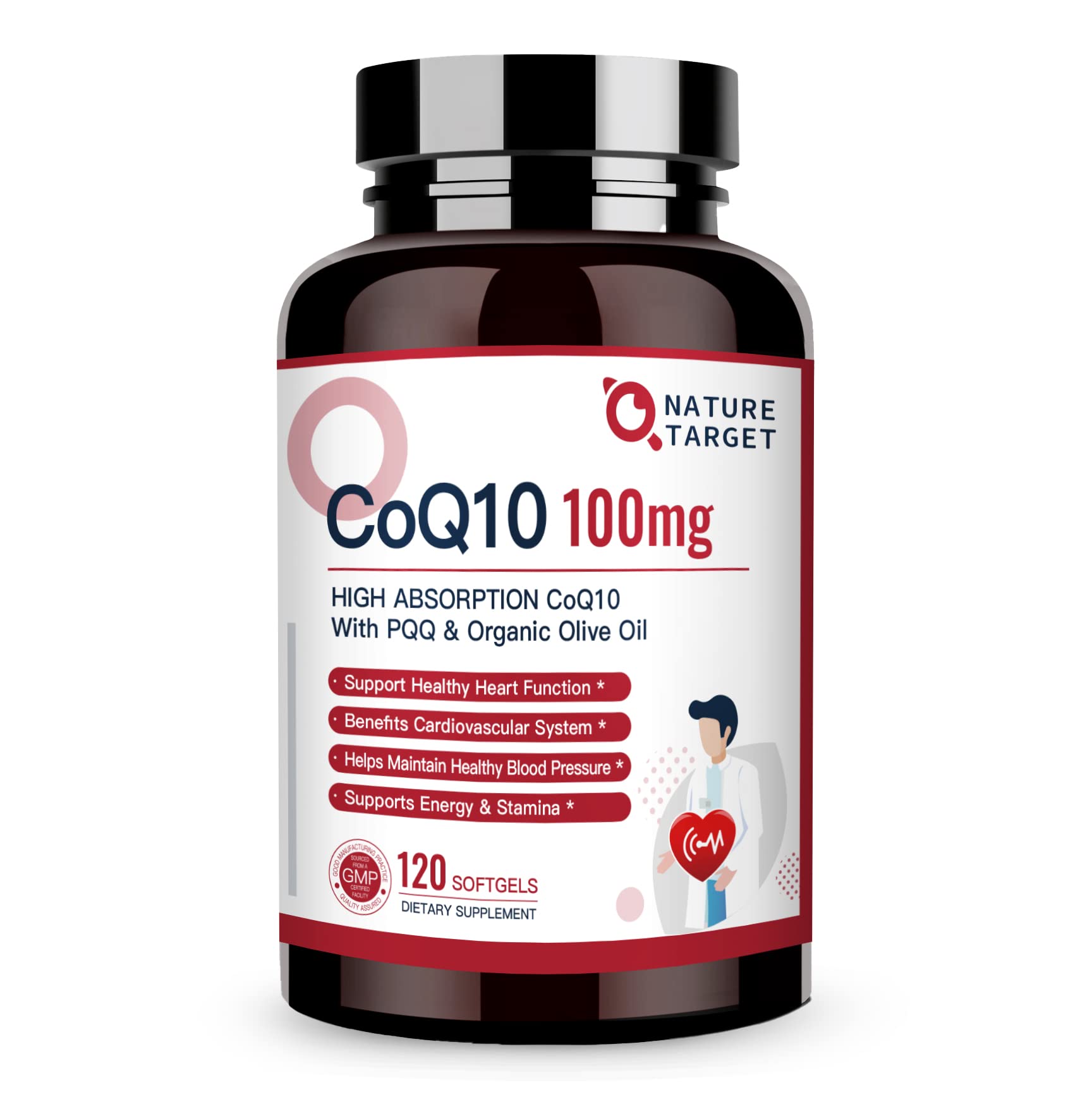 Nature Target CoQ10 100 mg en cápsulas suaves con aceite de oliva orgánico, alta absorción.