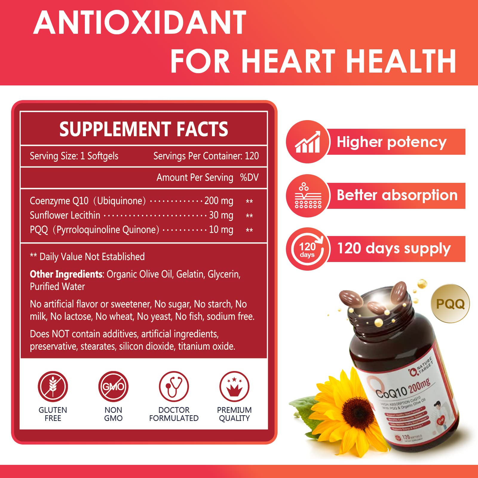 Nature Target CoQ10 con PQQ y aceite de oliva orgánico para apoyo cardíaco potencial