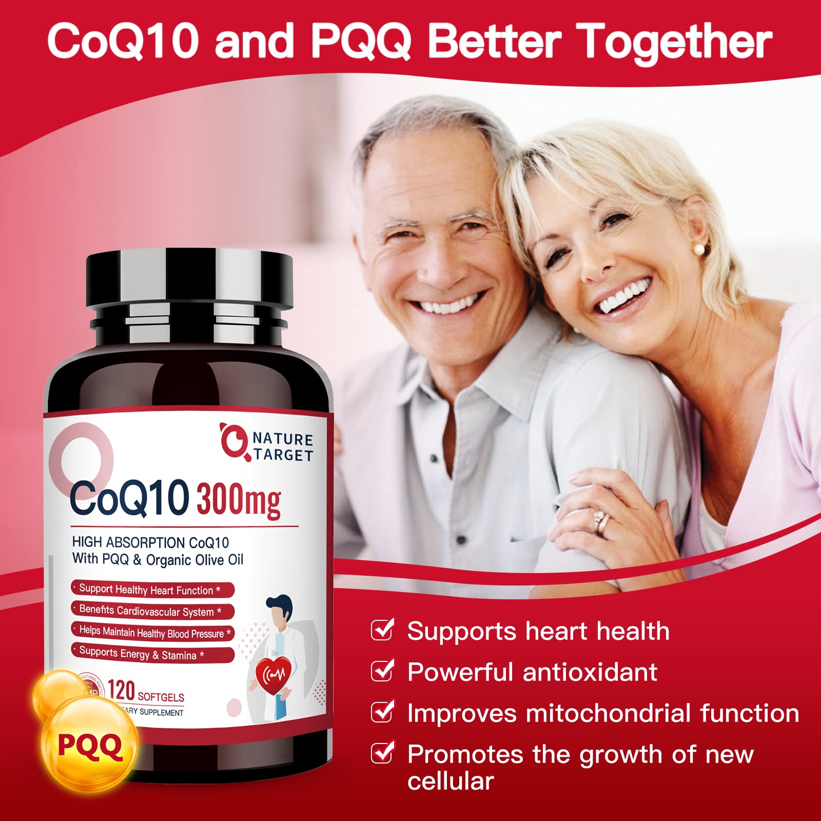 Botella de vidrio de Nature Target CoQ10 300 mg softgels
